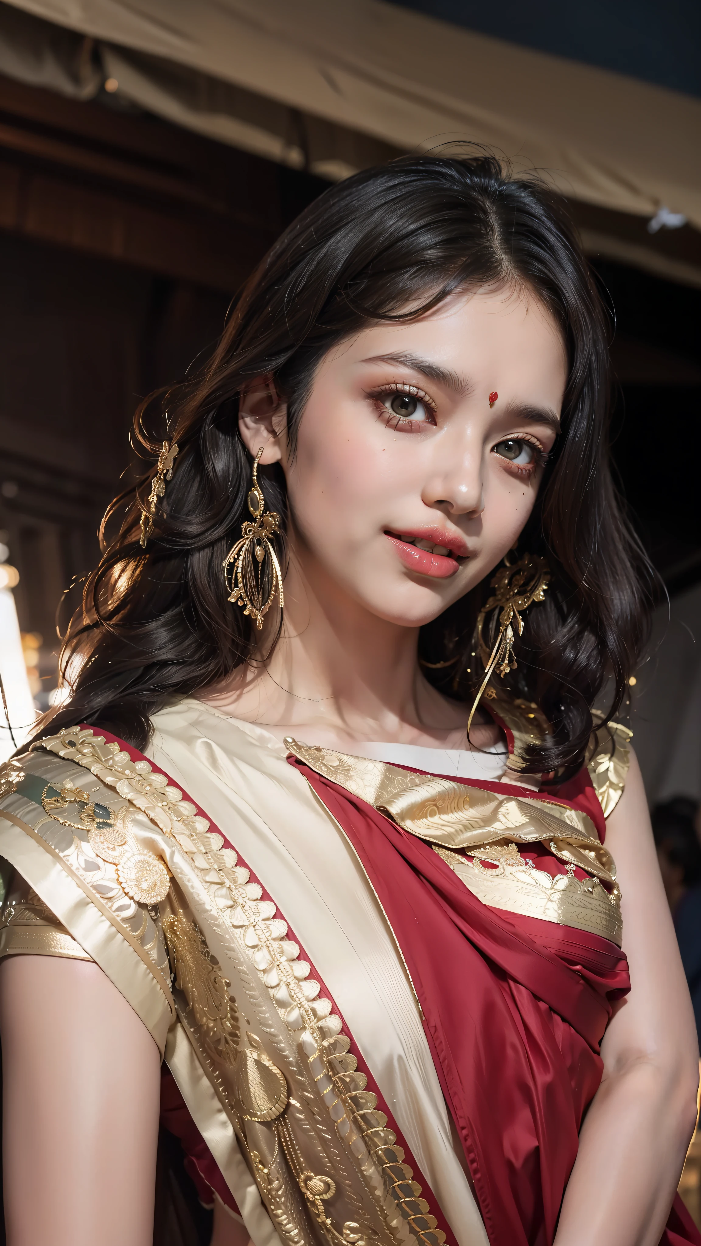 Bollywood indian female fashion mode,brown skin,dressed Sari,Happy expression on face,at the night market,backlight, extremely realistic, 8k, insane details, intricate details, cinematic color graded,Color Grading, Editorial Photography, Photography,sharp focus, taken with a 60mm lens, ISO 300, f/4, 1/200th