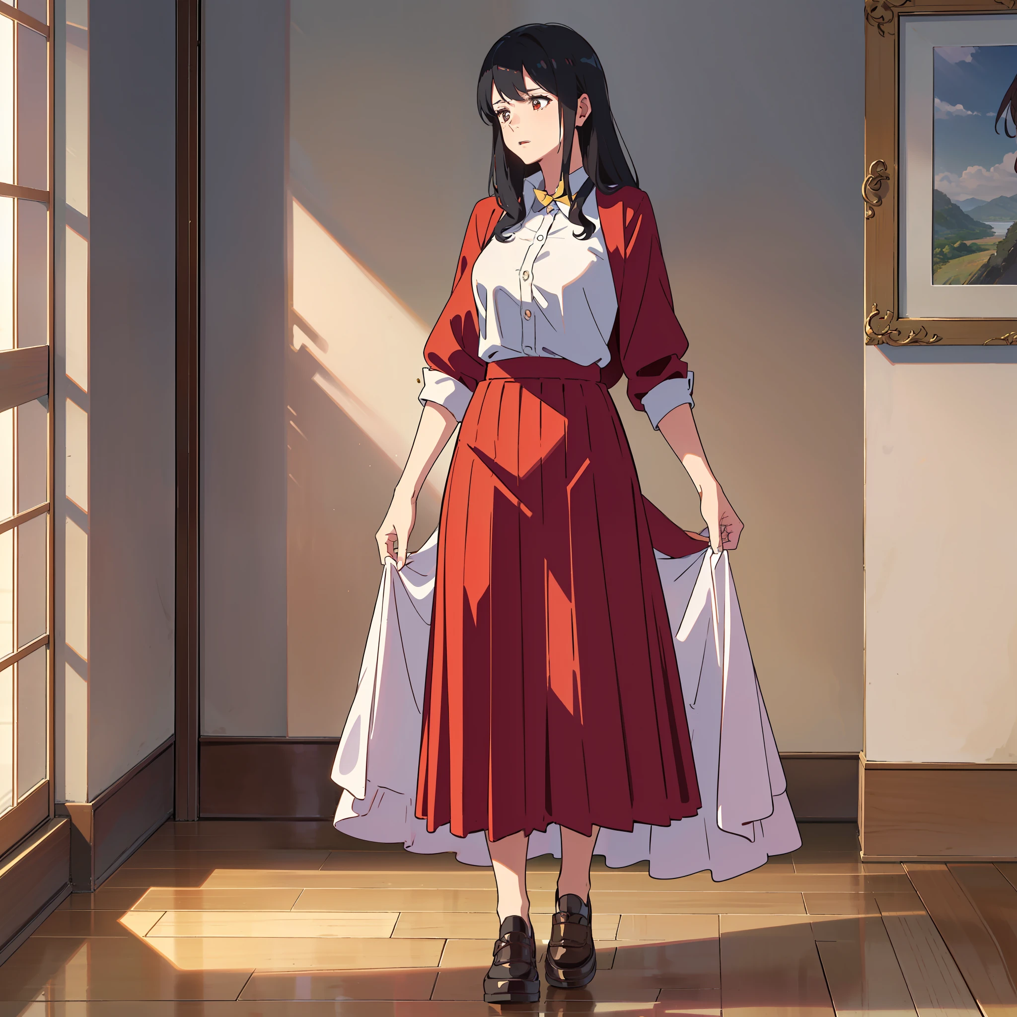 (Affectionate look+red long skirt:1.2+cabellos largos dorados:1.2):Women who are physically and mentally exhausted,Walk into the room。