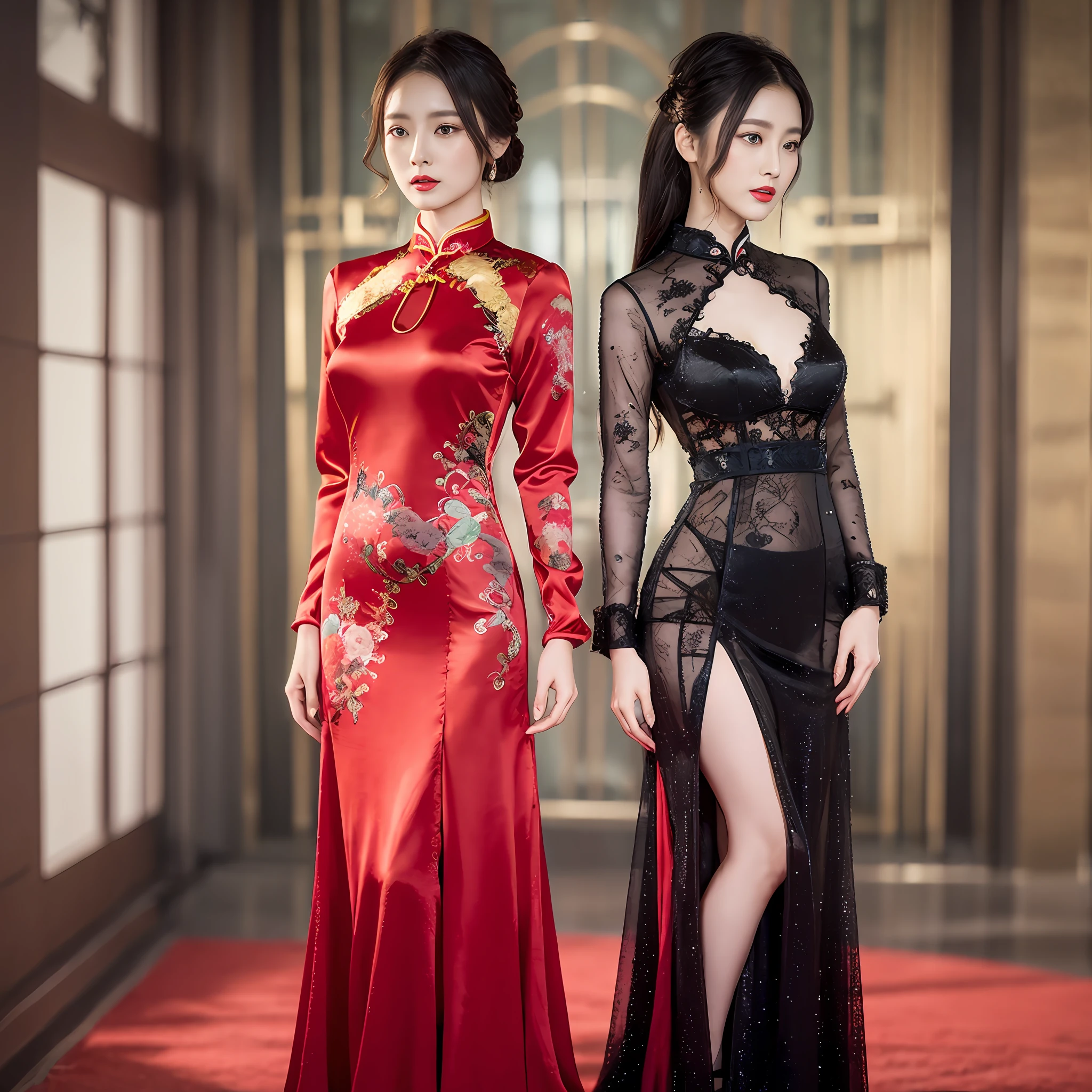 There are two women in dresses standing next to each other, Cheongsam, black and red silk clothing, fantasy long intricate gown, Chinese dress, sexy gown, Black and red dress, Ao Dai, wearing long gown, full-body xianxia, with a thin waist, opened dress, complex dress, chinese costume, long gown, gorgeous woman