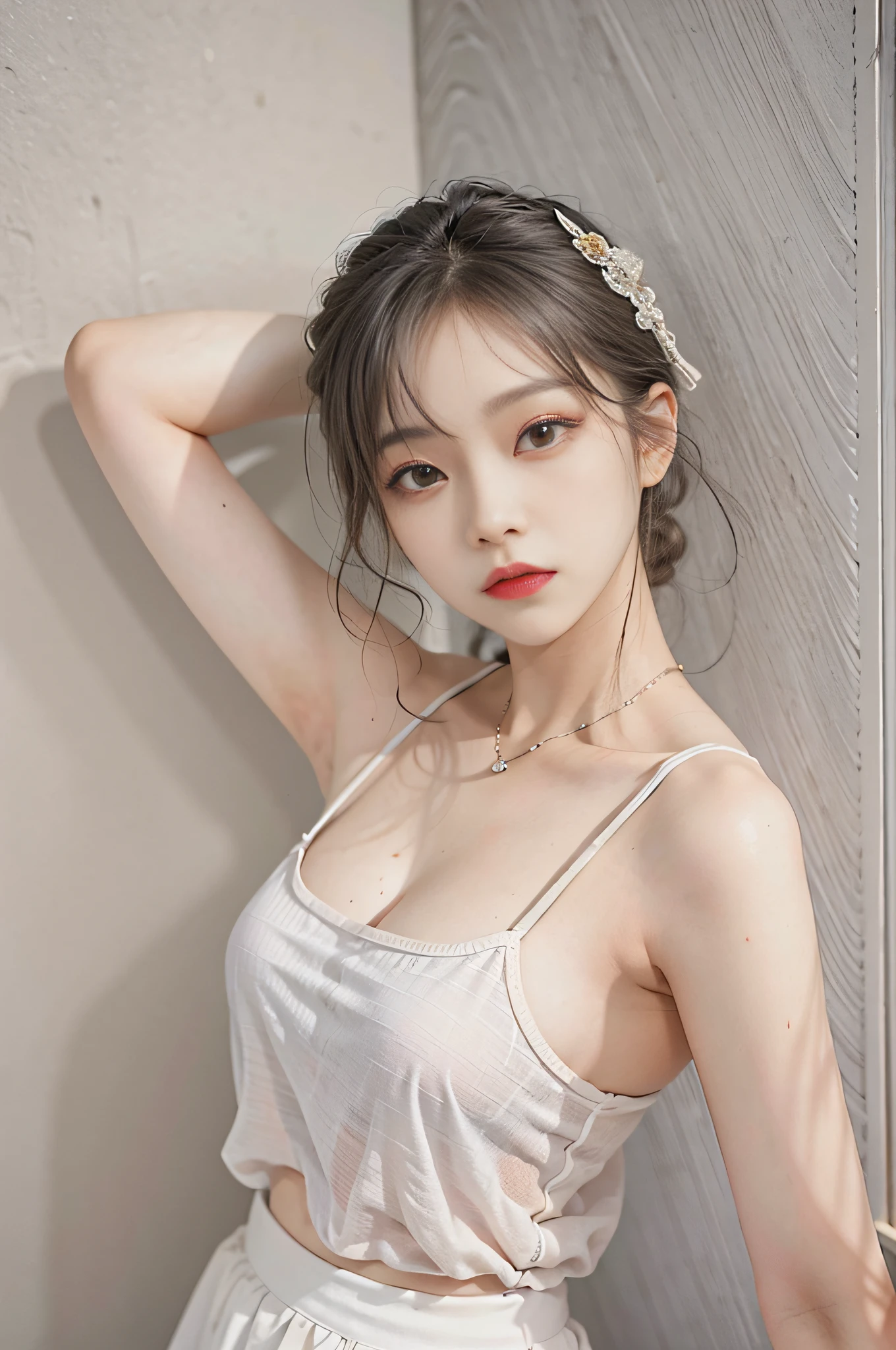 Top image quality、Raw photography、超A high resolution、Cute girl at 18 years old、Shooting for one person only、big round chest、cleavage of the breast、Tank top、Skirt、Shiny hair、Beautiful Eyes of Details、very elongated eyes、Beautiful eyelashes、Beautiful double eyelids、Headshot only、eyeshadows、耳Nipple Ring、Wooden wall background