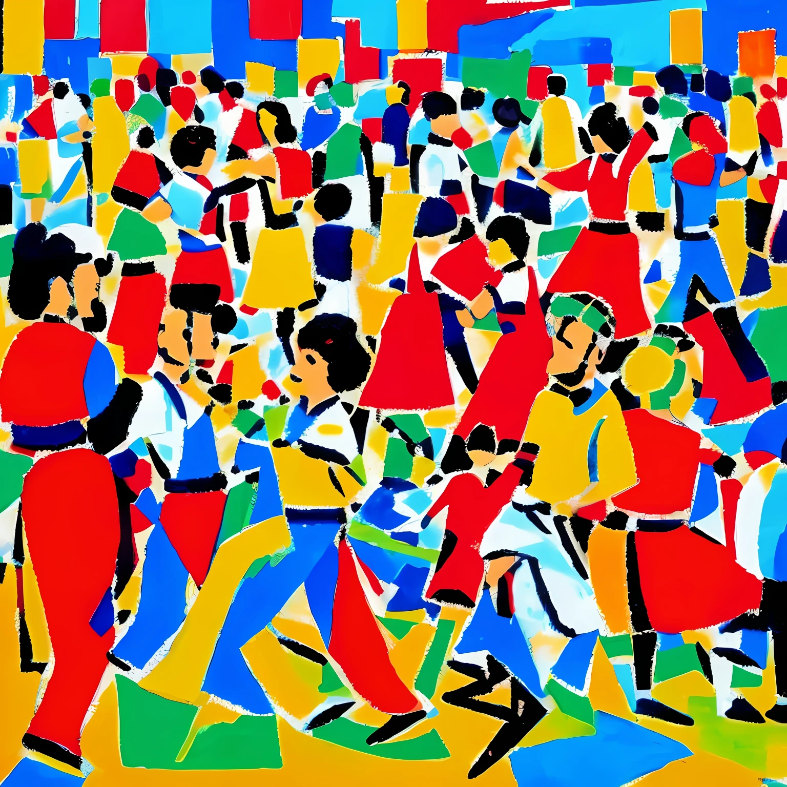 A Touch of Zorba greek men and women dance on a techno village stage. Abstract painting.