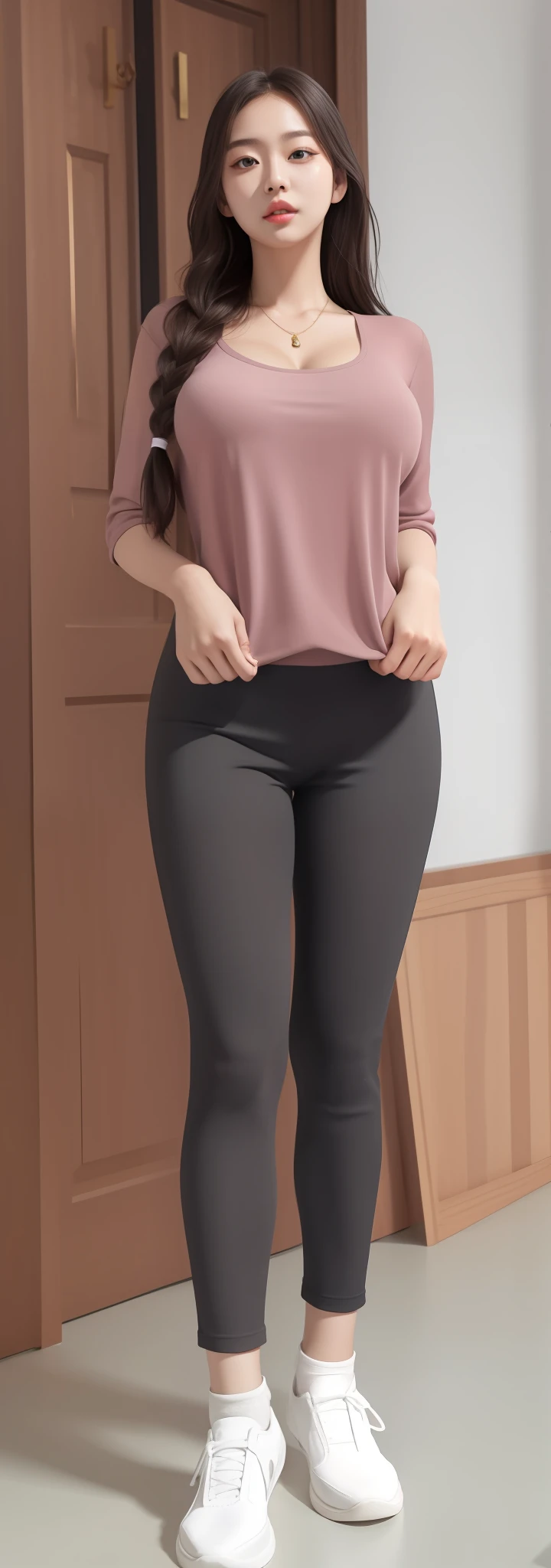 An Idol k-pop girl, (cute face, lewd face), braid hair, intricate face details, detailed face, golden ratio face, ((huge breasts:1)), ((large breasts:1)), (gaint breasts:1)), ((big breasts:1)), ((slim waist, big butt, big hip, big thighs)), ((intricate hands, detailled hands)), ((intricate feets, detailled feets)), (she is sexually aroused), (full body), 64K, UHD, HDR, global illumination, (high quality, high detailed, hyper detailed, extremely detailed), photo realistic, ultra realistic, art photo, (clarify the details, detailed parts body), intricate artwork masterpiece, trending on artstation, (drunk face), tight clothes, (polished skin:1,9), look at viewer, standing, shoes, socks, wooden door, wall