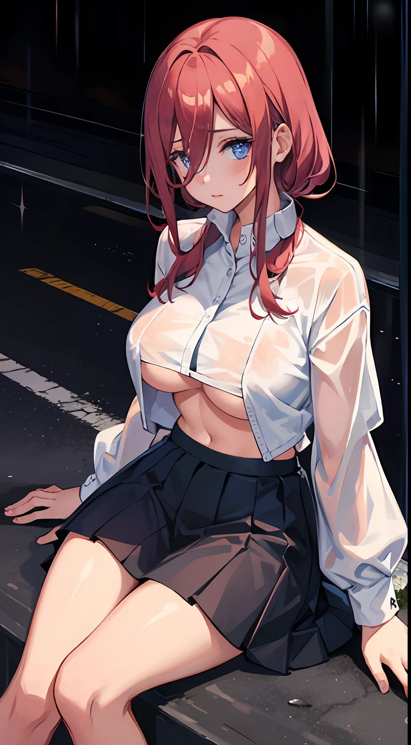 1girl perface face, extra boobs, eyes shining, sitting on the side of the road, lanot, sexy clothes, short skirts, rain, wet streets