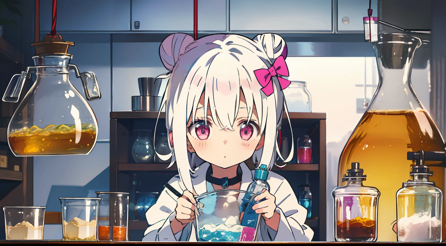 One girl、white hair、Bun hair、masterpiece、Top image quality、top-quality、Hanging、Pink eyes、cute little、drug、flask、experiment、laboratory、