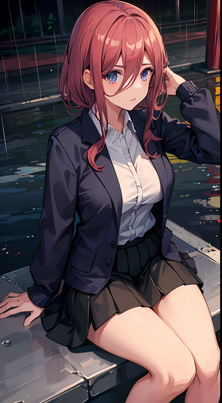 1girl perface face, extra boobs, eyes shining, sitting on the side of the road, lanot, sexy clothes, short skirts, rain, wet streets