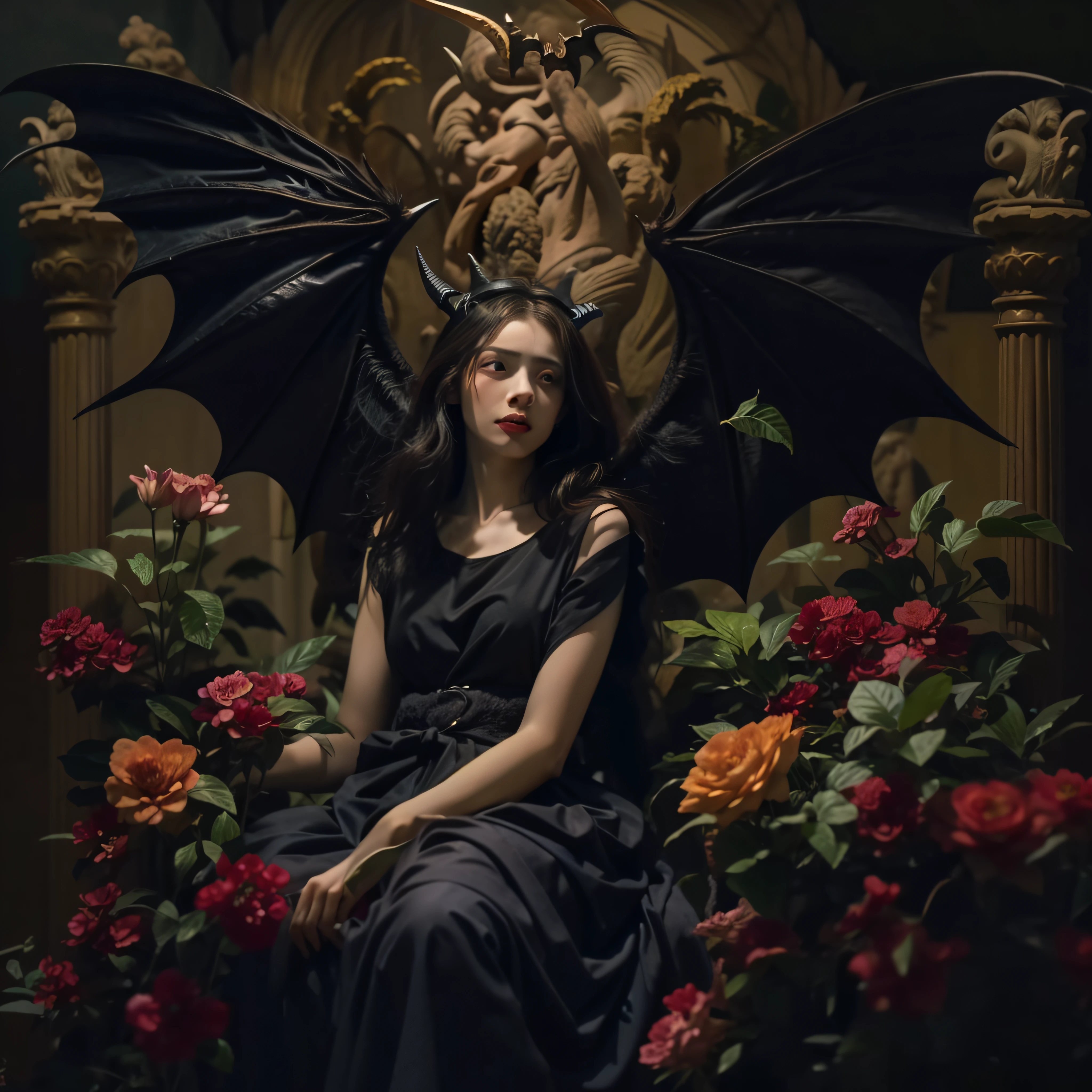 "((obra maestra))(The best lighting, alto contraste, oscuro, dramatic, Acabado fotorrealista),(manchas y desperfectos como de daguerrotipo).(Woman with Bat Wings, fondo lleno de flores),(Baphometh saca la lengua), viejos, Serpientes. Luz Caravaggio"