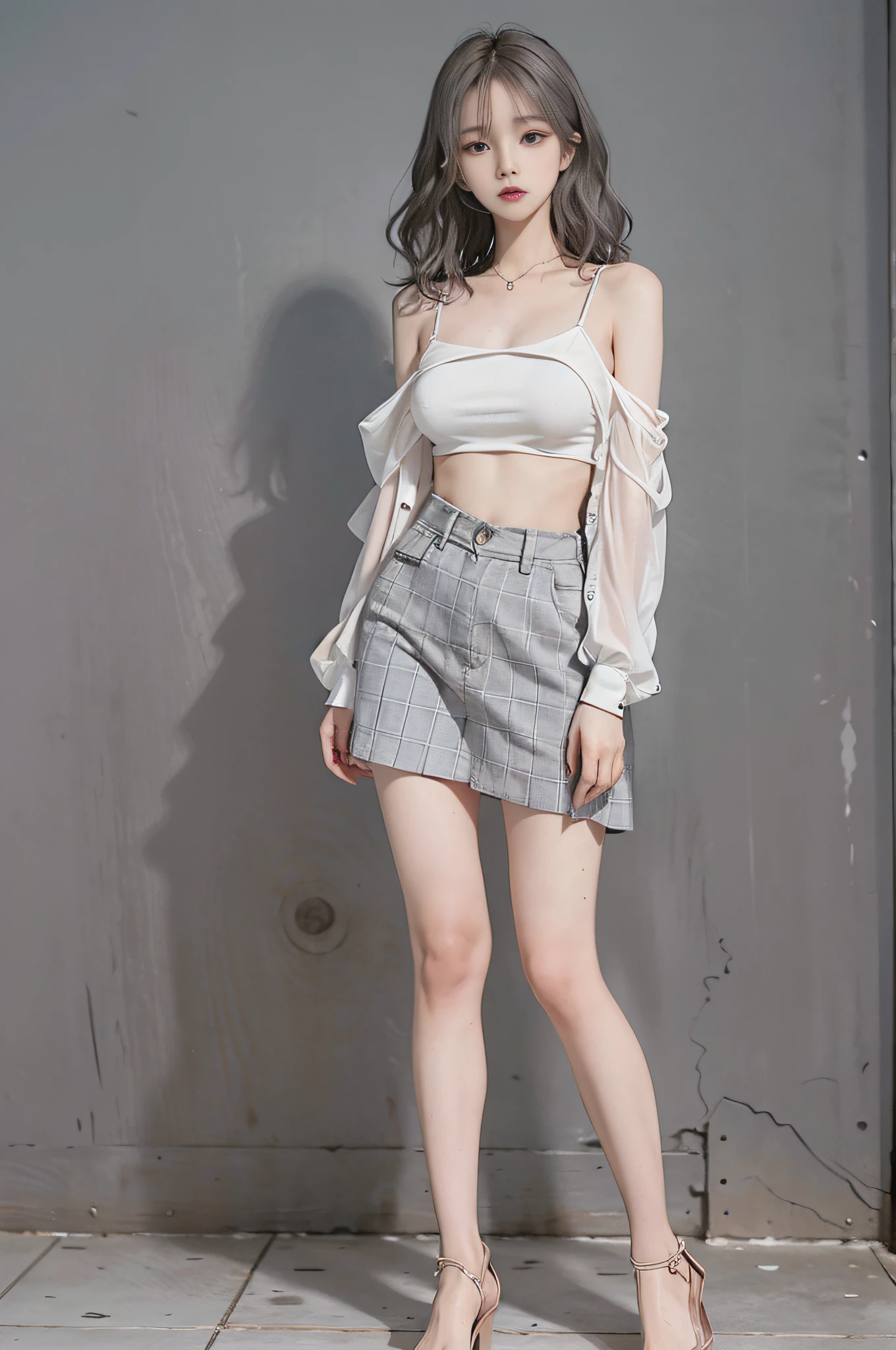 Top image quality、Raw photography、超A high resolution、18 year old cute Korean、Shooting for one person only、big round chest、Camisole、skirt by the、Shiny hair、Beautiful Eyes of Details、very elongated eyes、Beautiful eyelashes、Beautiful double eyelids、eyeshadows、耳Nipple Ring、Close-up shooting of breasts、Wall on grey background