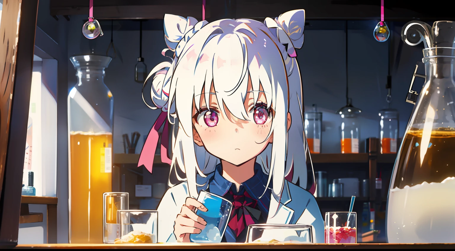 One girl、white  hair、Bun hair、​masterpiece、Top image quality、top-quality、Hanging、Pink eyes、cute little、drug、flask、experiment、laboratory、