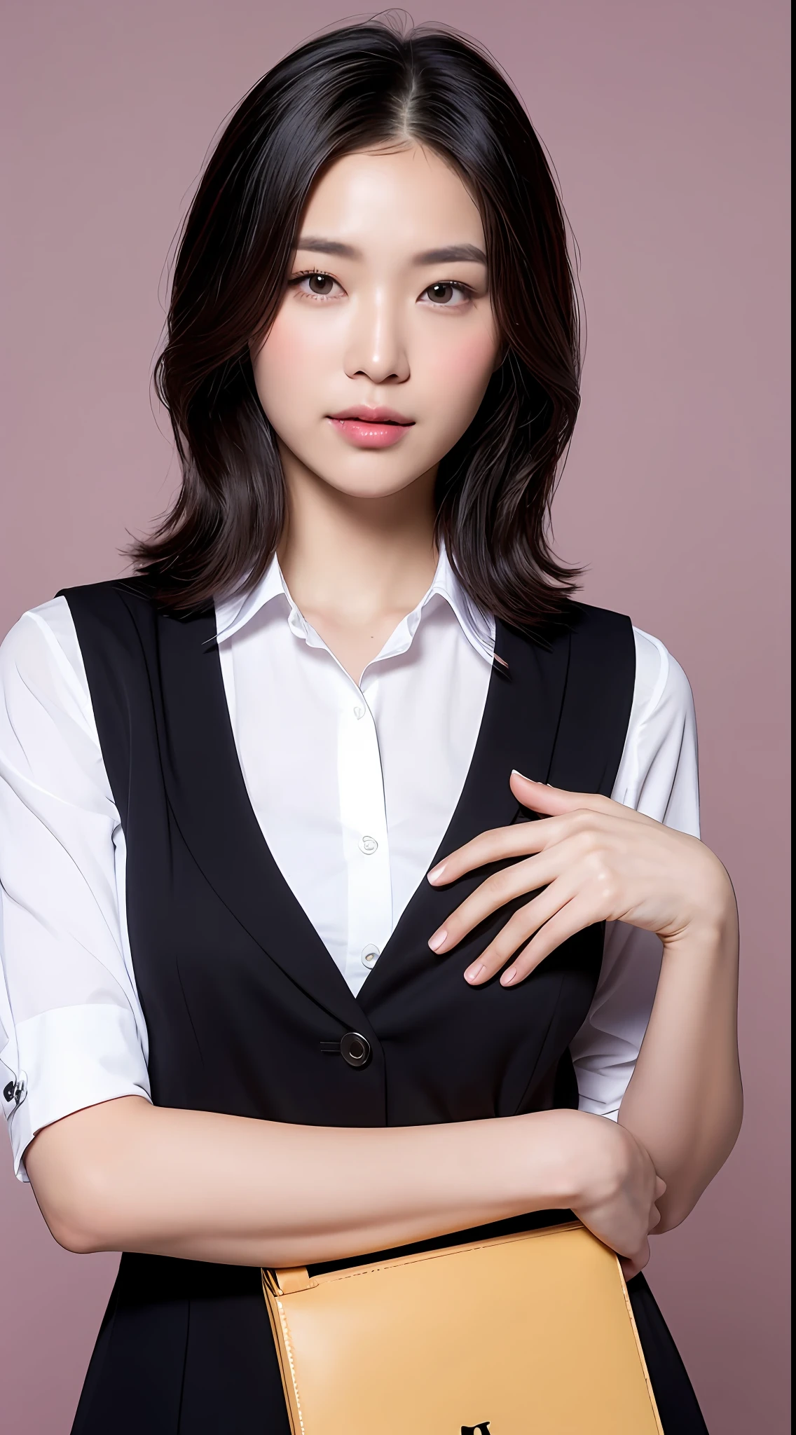 1girl,Beautiful vintage colors, instagram (photorealistic, high-res:1.4), ((puffy eyes)), looking at the audience, , full entire body (8k, RAW photo, bestquality, master-piece:1.2), (lifelike, photo-realistic:1.37),(crisp focus:1.2), professional lighting, photons mapping, radiosity, Physically Based Rendering, (pale skintone:1.2),(small boobs:1.2), looking at the audience, (Medium Hair:1.5), Vertical, Purple eyes, (I'm a splinter.:1.1),bang, (simple background:1.4),  single, upper body, lifelike, (master-piece: 1.4), (bestquality: 1.4), (oily shiny skin), fashi-girl, make up, smirk (skinny, gag, Shy: 1.3), (stand, Black stewardess uniform, Necromancer: 1.1), mediuml breasts, Sexy poses,