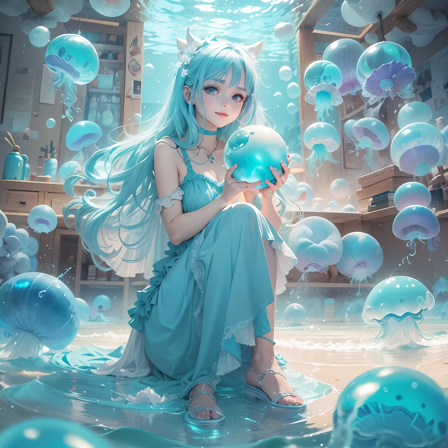 sandbox:1.4),in a panoramic view，Solo, full bodyesbian，beautiful teenage girl, Wear delicate blue leather shoes，It's like in a blue ocean ball pool，Wearing a light blue dress, ssmile，long  blue hair，There are several blue jellyfish around，Manhwa Style，Material de vidro，crystal material，extremely detaile, Cinematic lighting effects，4K，tmasterpiece，offcial art