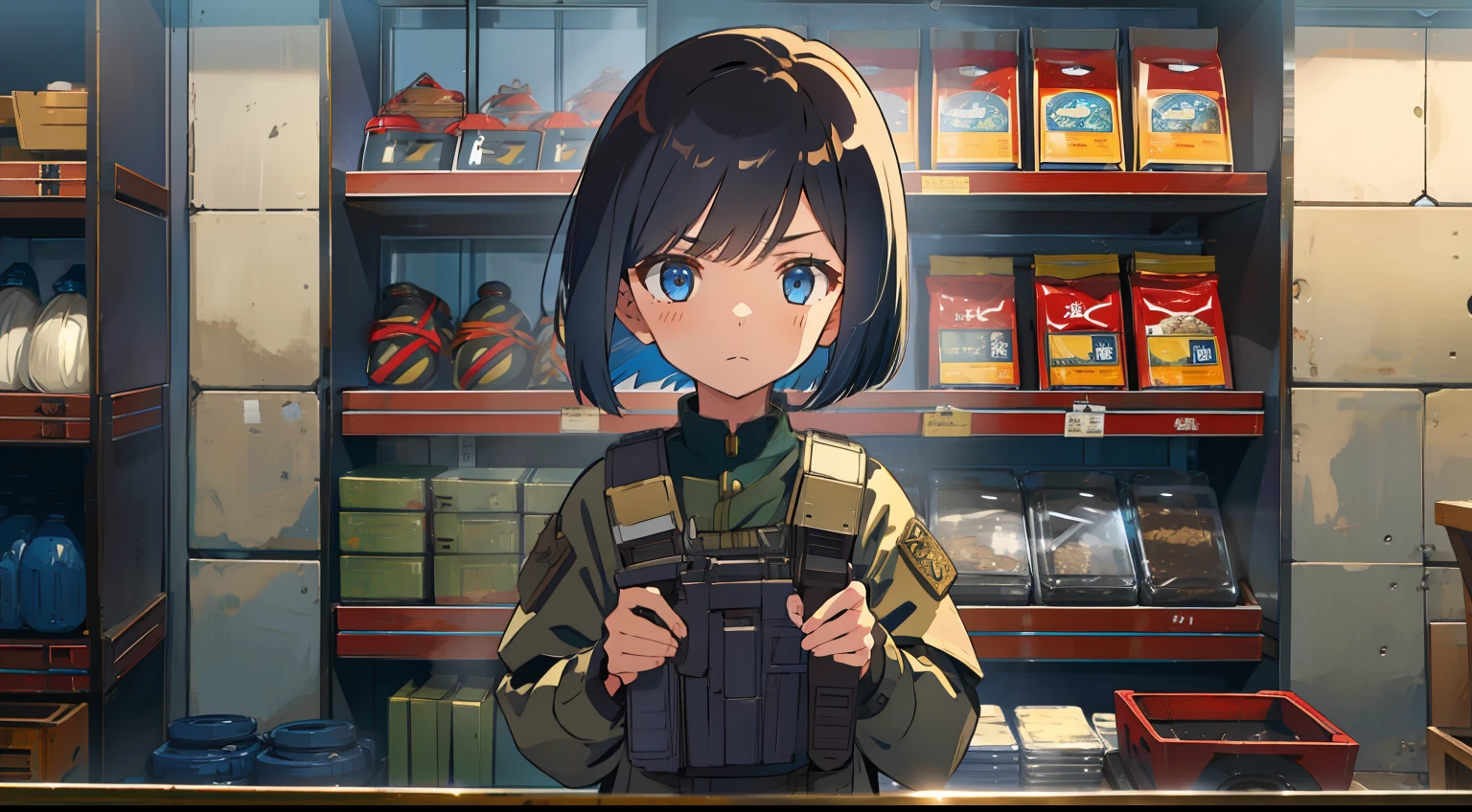 Weapons Shop、One girl、cute little、A dark-haired、blue eyess、bob cuts、Straight face、military outfits