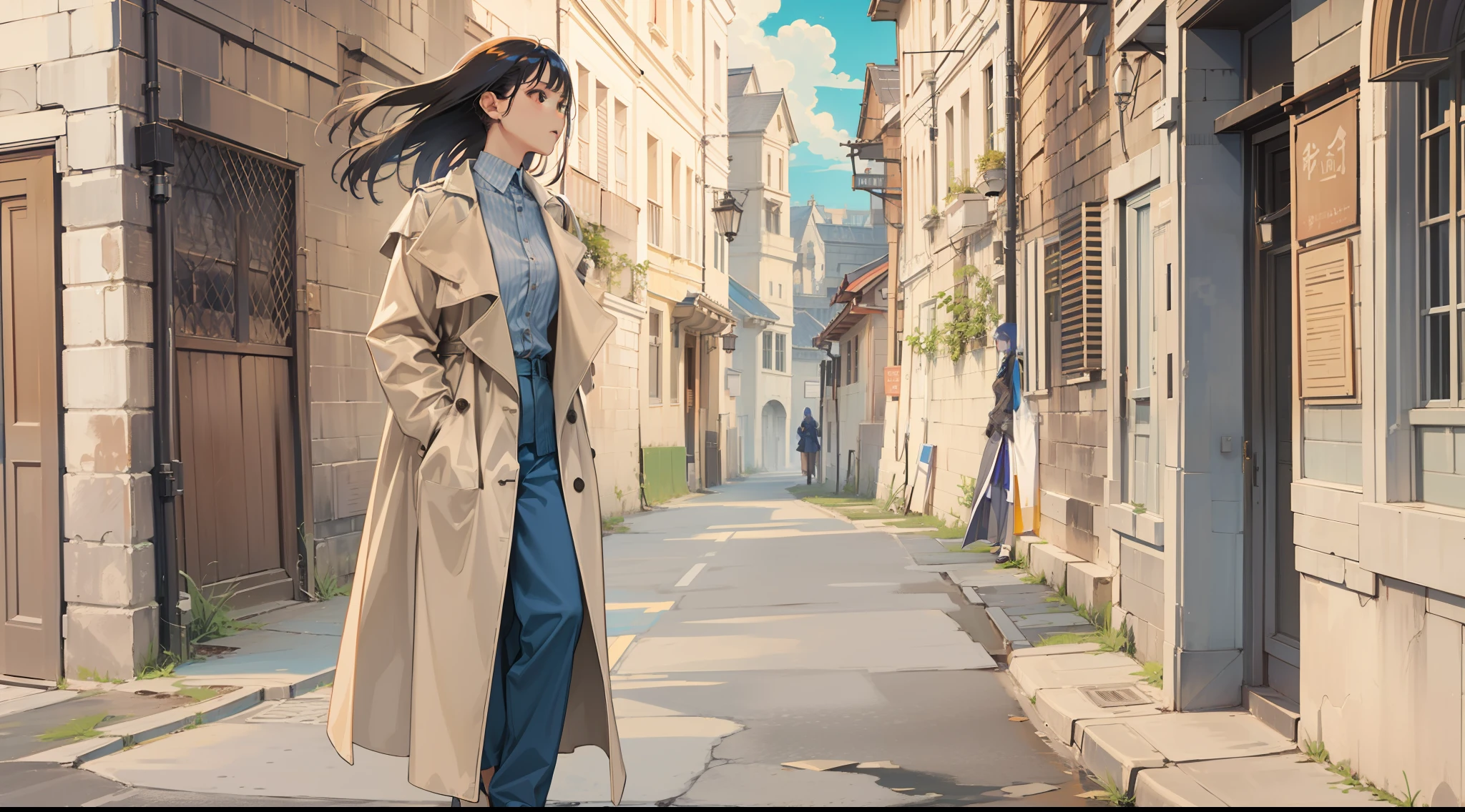 Allafed woman in trench coat and wide pants standing on the wall, dressed with long fluent clothes, casual clothing style, Wearing a duster coat, Long coat, trench coat, simple style, trench coat, material is!!! plum!!!, Wearing a trench coat, coat pleats, Wearing a trench coat, Wearing a long trench coat in beige,Blue pants、Gray skin. grunge, Styling、Ruins、Buildings eroded by vegetation,