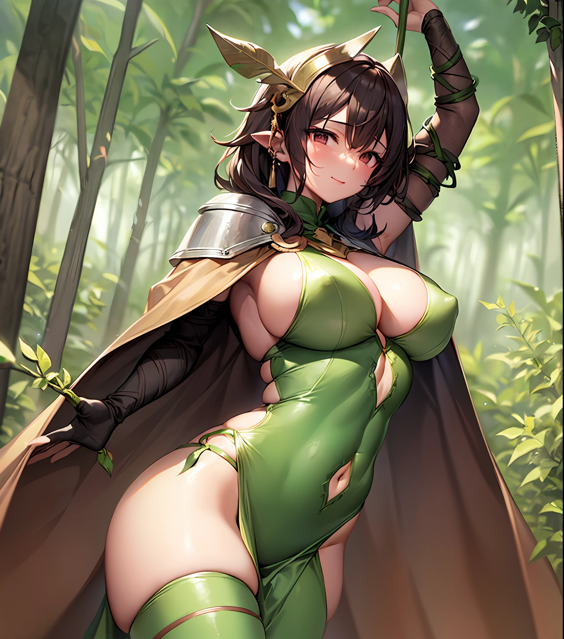 fantasy, 1forest_elemental_girl,, tiny,(dark_skin)0.9, (using_leaves_clothes, green_leaves_covered_breasts, leaves_covered_pussy,covered_nipples)+++,(gigantic_heavy_tits:1.1), walking, (smile, sleepy)+, medium_hair, navel oil, (winding_vine_around_torso)++, forest_background, leaves_headgear, green_leaves_cape, spread_arms, large_staff, leaves_thighhighs, big_ass,solo,(pelvic_curtain:0.9), tabard,