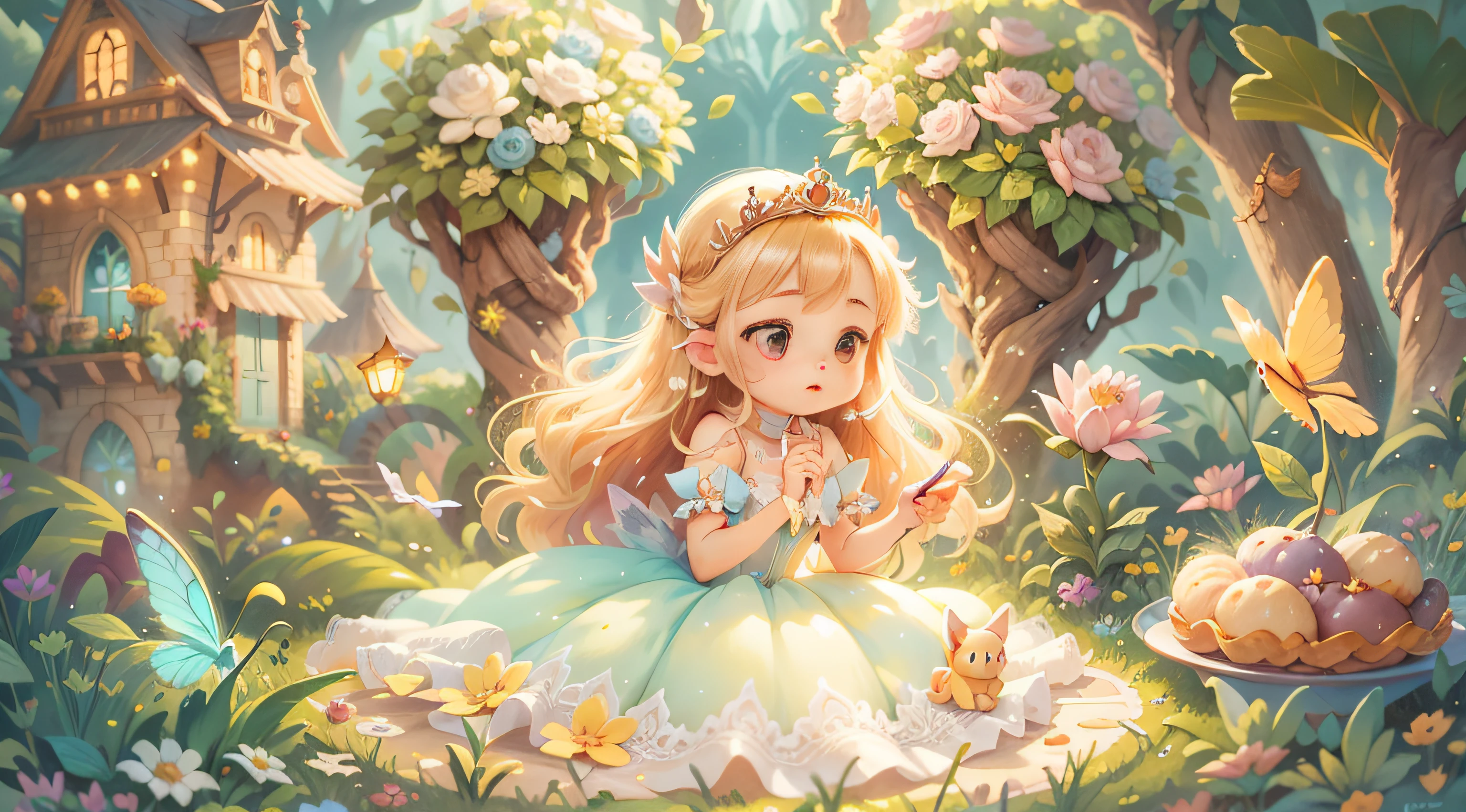 Fairy tale picture book, Delicate and delicate CG illustration, Very beautiful princess, Beautiful romantic storyline, Bright and full of color, fantastical scenes, cute character, Fantastic light and shadow effects, Exquisite painting style, Dreamland Wonderland, Delicate texture expression, Mysterious and intoxicating background, A story full of life and energy