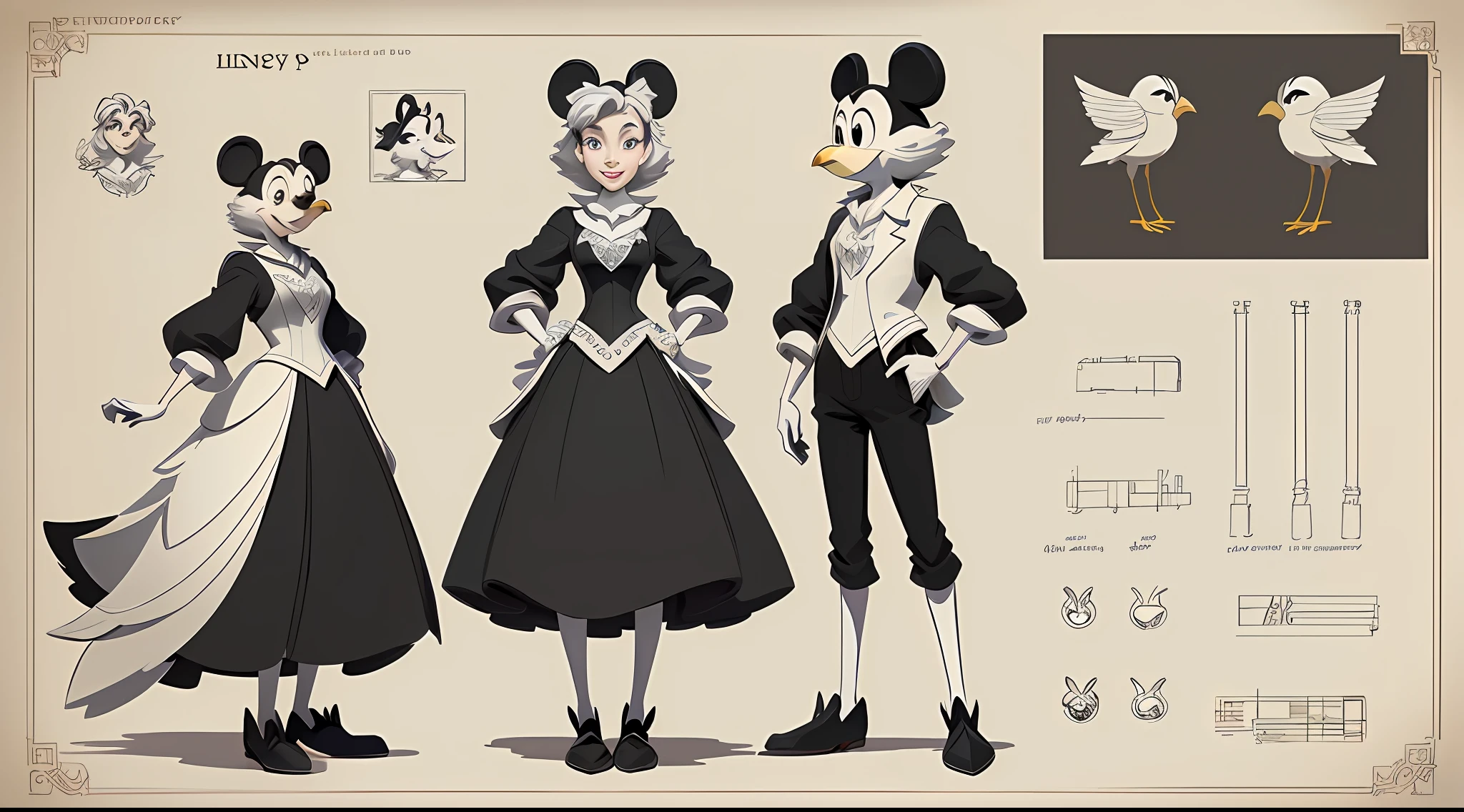 Disney high detail cartoon style,1 cartoon bird in the meadow,style of disney animation,concept art by disney,cartoon shading,production art,high quality model sheet,disney 2d animation still,Cartoon concept art,Black and white line drawing