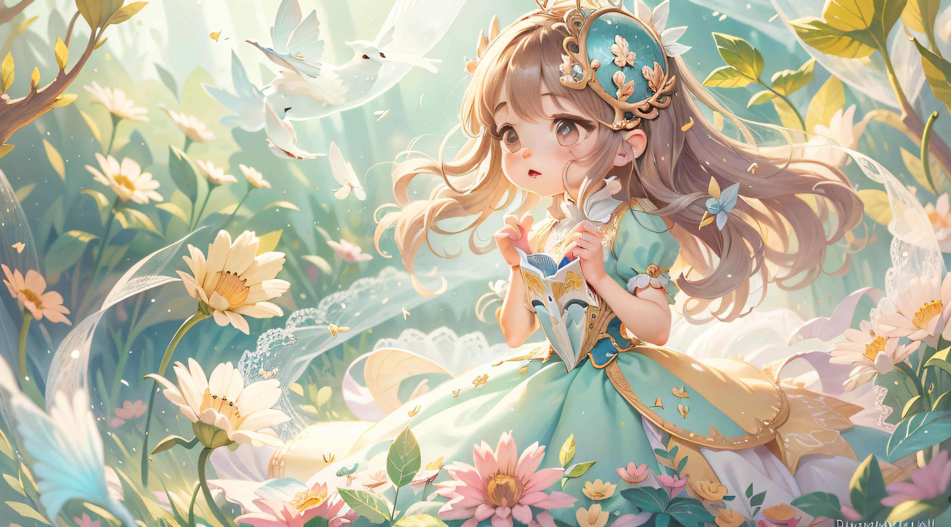 Fairy tale picture book, Delicate and delicate CG illustration, Very beautiful princess, Beautiful romantic storyline, Bright and full of color, fantastical scenes, cute character, Fantastic light and shadow effects, Exquisite painting style, Dreamland Wonderland, Delicate texture expression, Mysterious and intoxicating background, A story full of life and energy