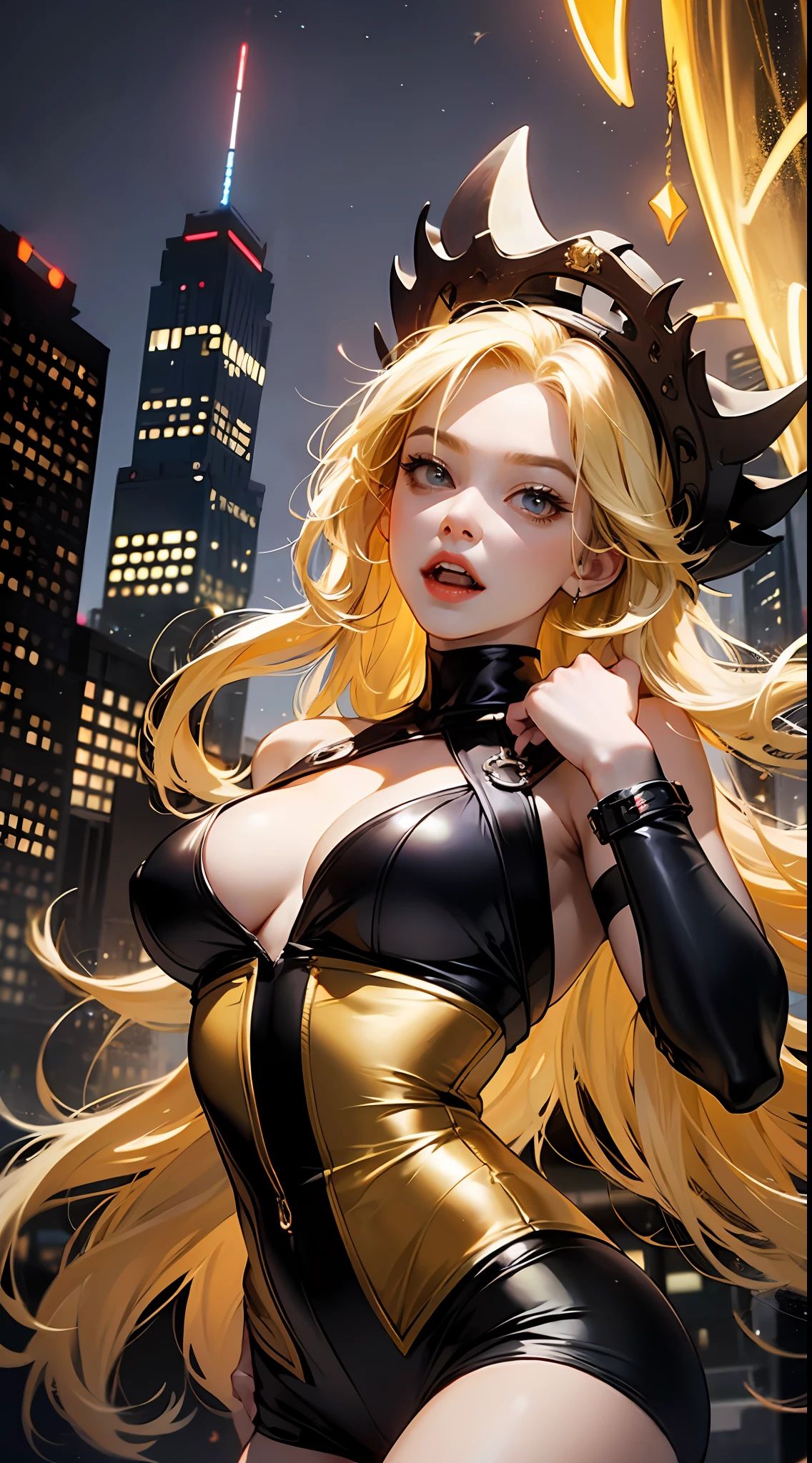 Enchanting Golden Scoundrel」Sensual vampire in short golden clothes、Black tights、Staring at the viewer、Flowing blonde hair、menacing gaze、Sparkling vampire fangs、Stain her pale face、Large, Sharp claws are ready to pounce、In a dark vision of the city at night