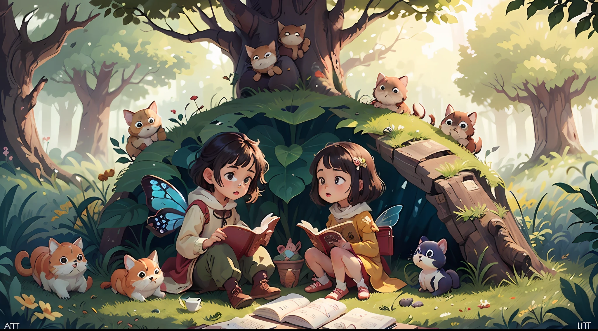 Fairy tale picture book，Children，looking at book，Attentively，Sat down，Cute little animals around，Convivial atmosphere