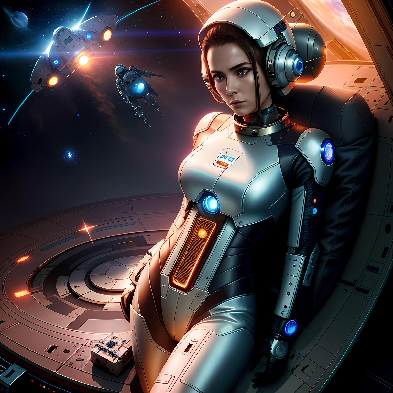 Futuristic woman on the space station，The background is a spaceship, portrait anime space cadet girl,Sadness of emotion，Tears at the corner of the eyes portrait armored astronaut girl, Beautiful sci-fi art, cyborg goddess in cosmos, portrait beautiful sci - fi girl, sci-fi woman, Science-fi digital art illustration, sci fi art, science fiction digital art, beautiful woman in spacesuit, Beautiful digital artwork, sci-fi artwork