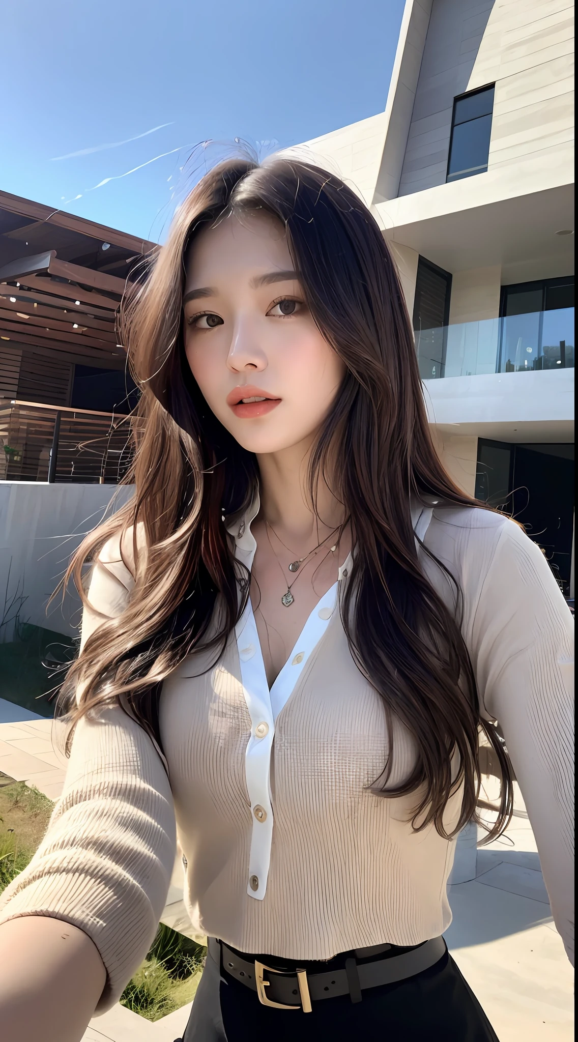 (Best quality, High resolution, Masterpiece :1.3), A tall and pretty woman, Slender abs, Dark brown hair styled in loose waves, Breasts, Wearing pendant, White button up shirt, Belt, Black skirt, (Modern architecture in background), Details exquisitely rendered in the face and skin texture, Detailed eyes, Double eyelid