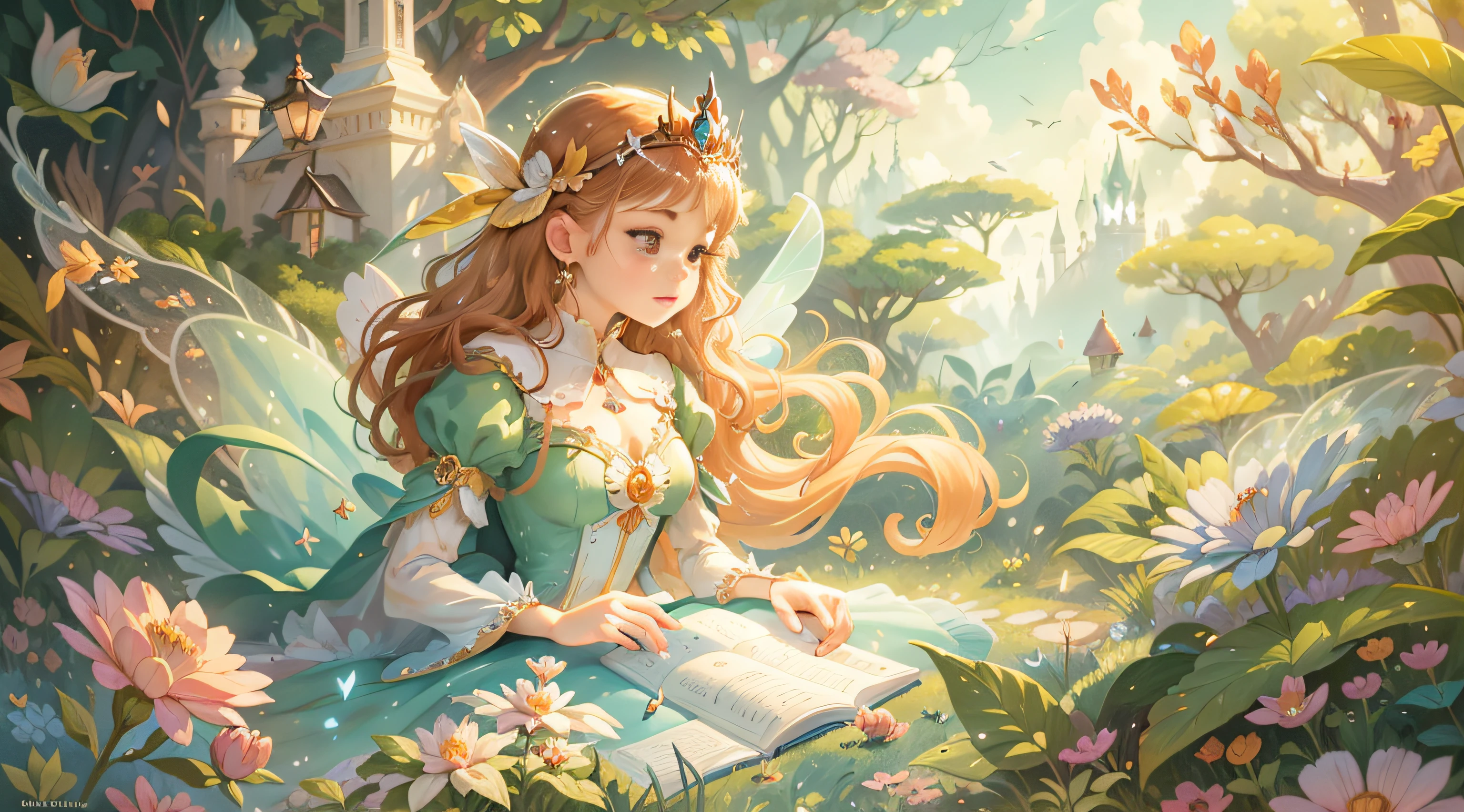 Fairy tale picture books, exquisite and delicate CG illustrations, princesses and princes, beautiful and romantic story lines, bright and full of colors, fantastical scenes, lovely characters, fantastic light and shadow effects, exquisite painting style, fantasy wonderland, delicate texture expression, mysterious and intoxicating background, full of vitality and vitality of the story line