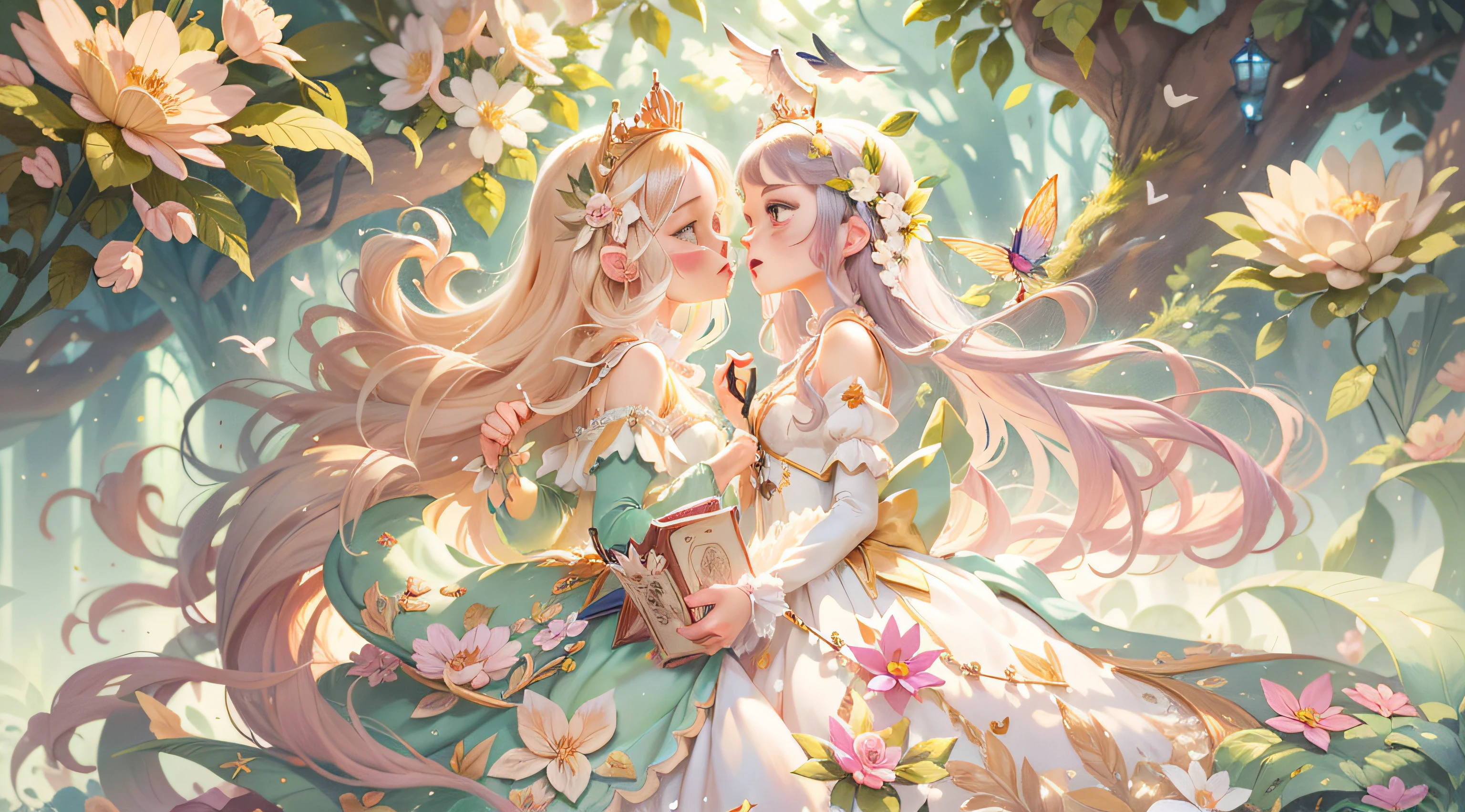 Fairy tale picture book, Delicate and delicate CG illustration, Very beautiful princess, Beautiful romantic storyline, Bright and full of color, fantastical scenes, cute character, Fantastic light and shadow effects, Exquisite painting style, Dreamland Wonderland, Delicate texture expression, Mysterious and intoxicating background, A story full of life and energy