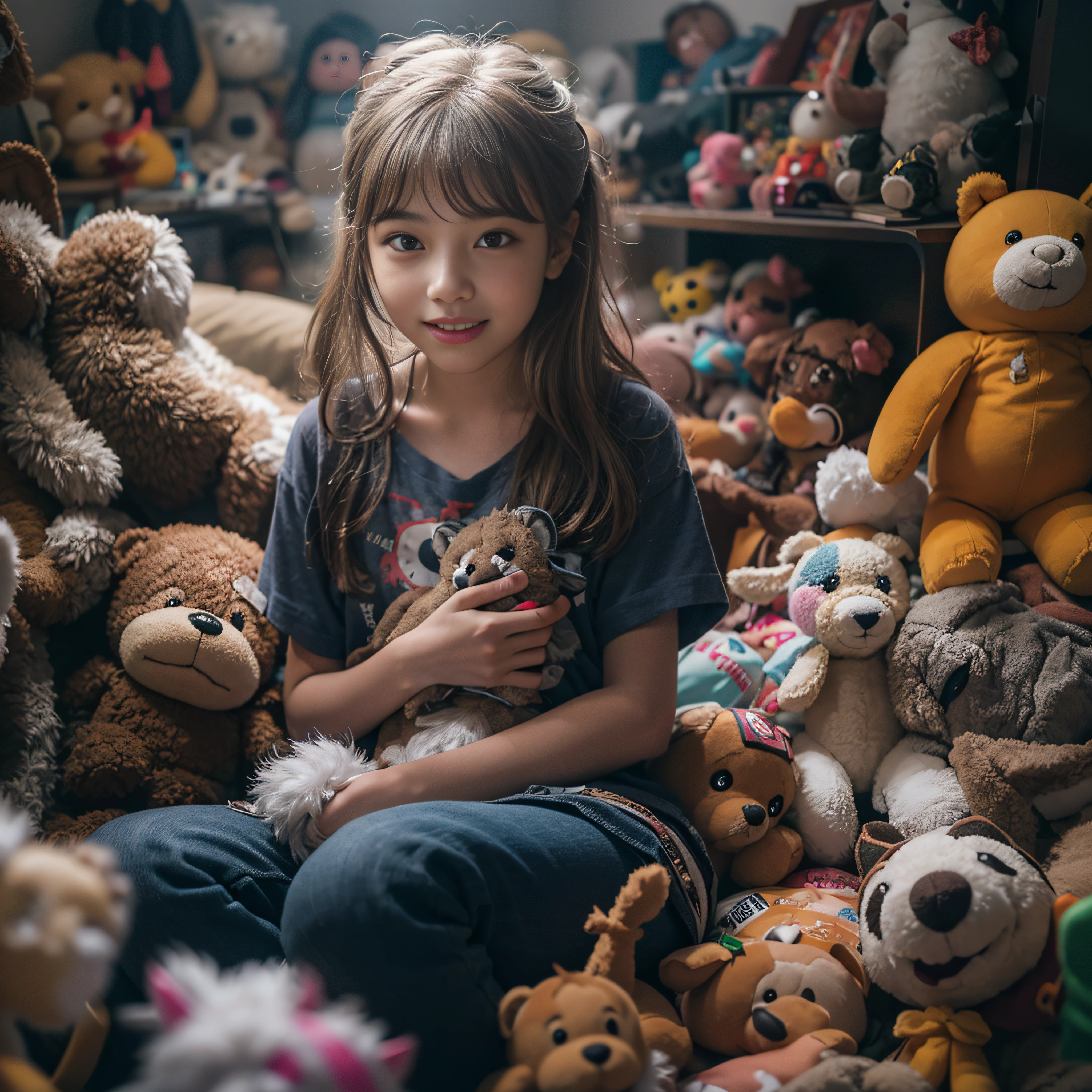 A 12-year-old girl holds a stuffed animal，Sit in a room full of toys，，cabelos preto e longos，cheerfulness，Rejoice，Perfect quality，Clear focus（Clutter - home：0.8）， （tmasterpiece：1.2） （realisticlying：1.2） （Bokeh） （best qualtiy） （detailedskin：1.3） （complexdetails） （8K） （detailedeyes） （Sharp focus）,（having fun）closeup cleavage