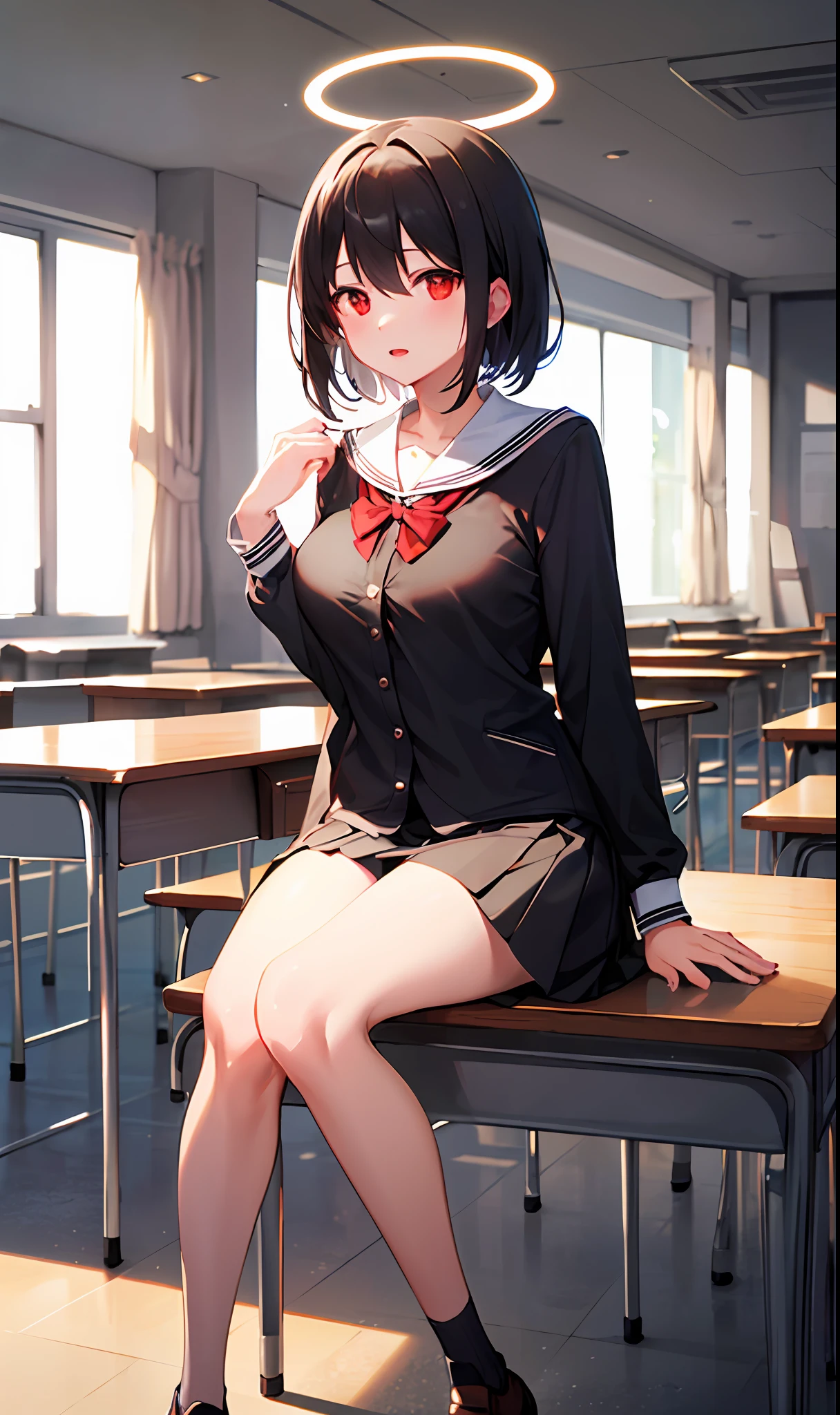 ((masterpiece, best quality)), (1girl),((mature female)), black hair, halo, ((student )),bangs,middle breast,(busty),slim,quiet, classroom,sitting, (red eyes),