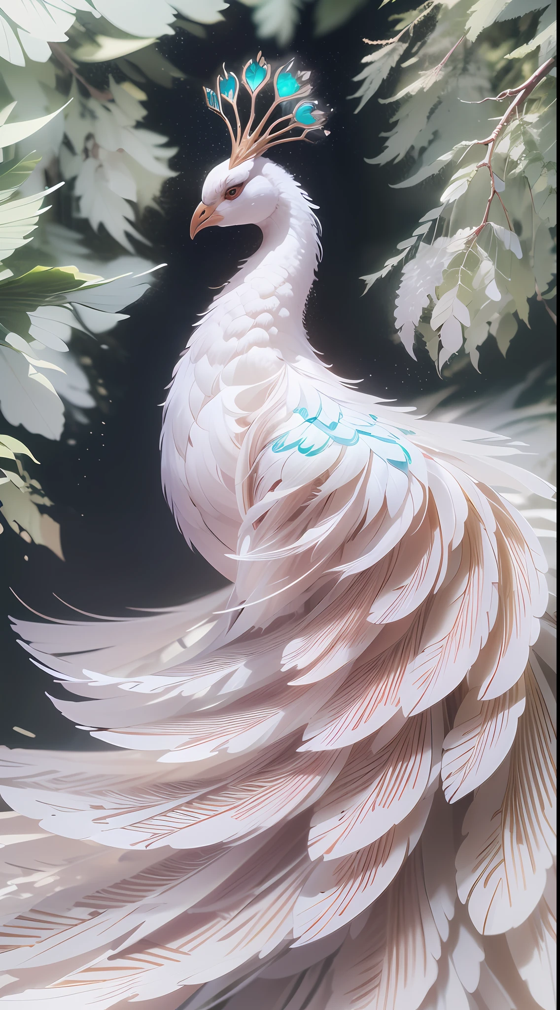 A proud white peacock,Pure white feathers,The feathers are layered,(Stand tall on the branches:1.3),(Screen Living),(Medium and close range),(Super finely depicted head:1.3),(Perfect realistic paws:1.3),(Overall silhouette,)Ultra photo realsisim,super-fine,超高分辨率,8K,Premium wallpapers,Best Picture