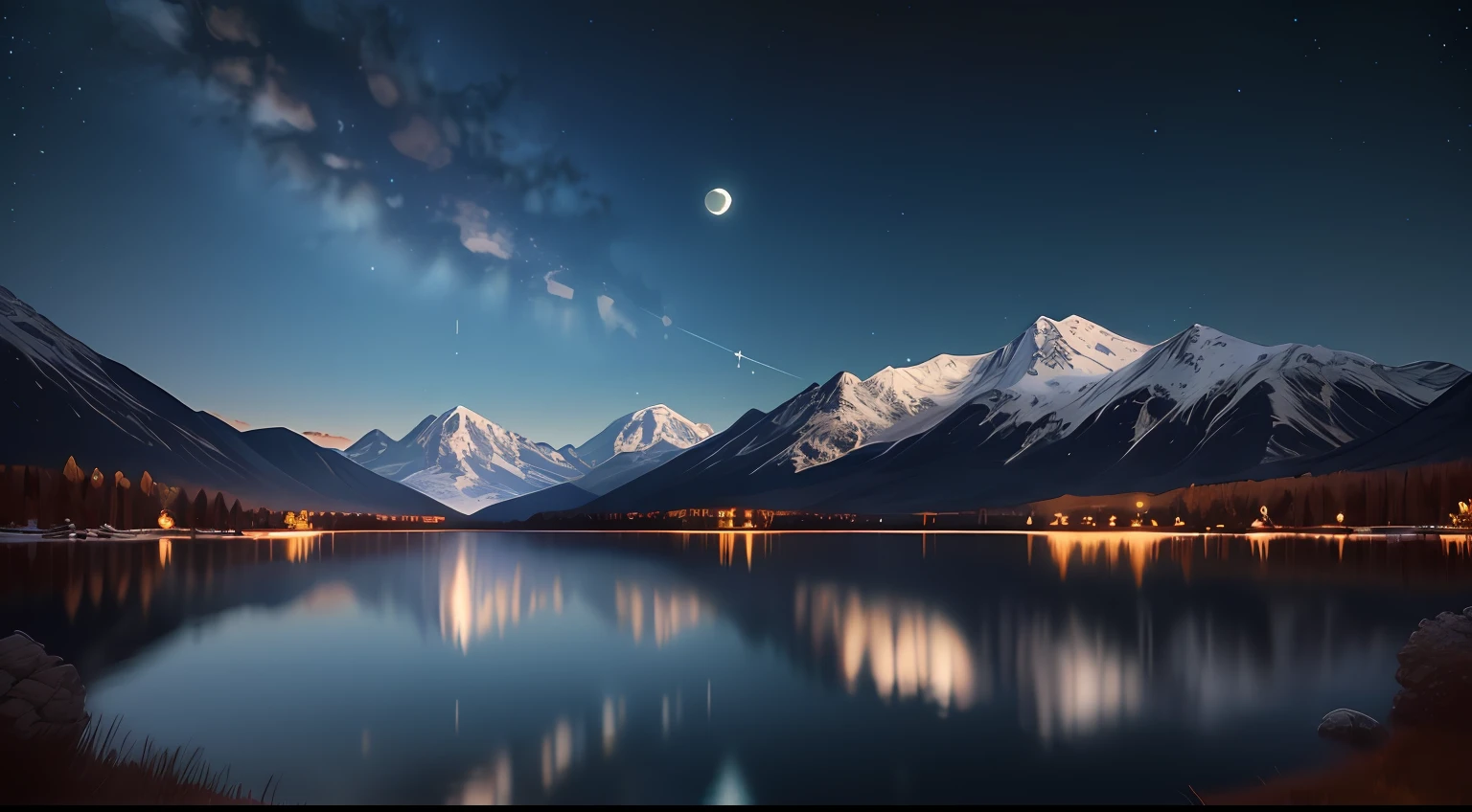 Very starry night. A giant moon behind the mountains. A tranquil lake reflecting the night. Realistic scene, detailed, photorealism, 8k