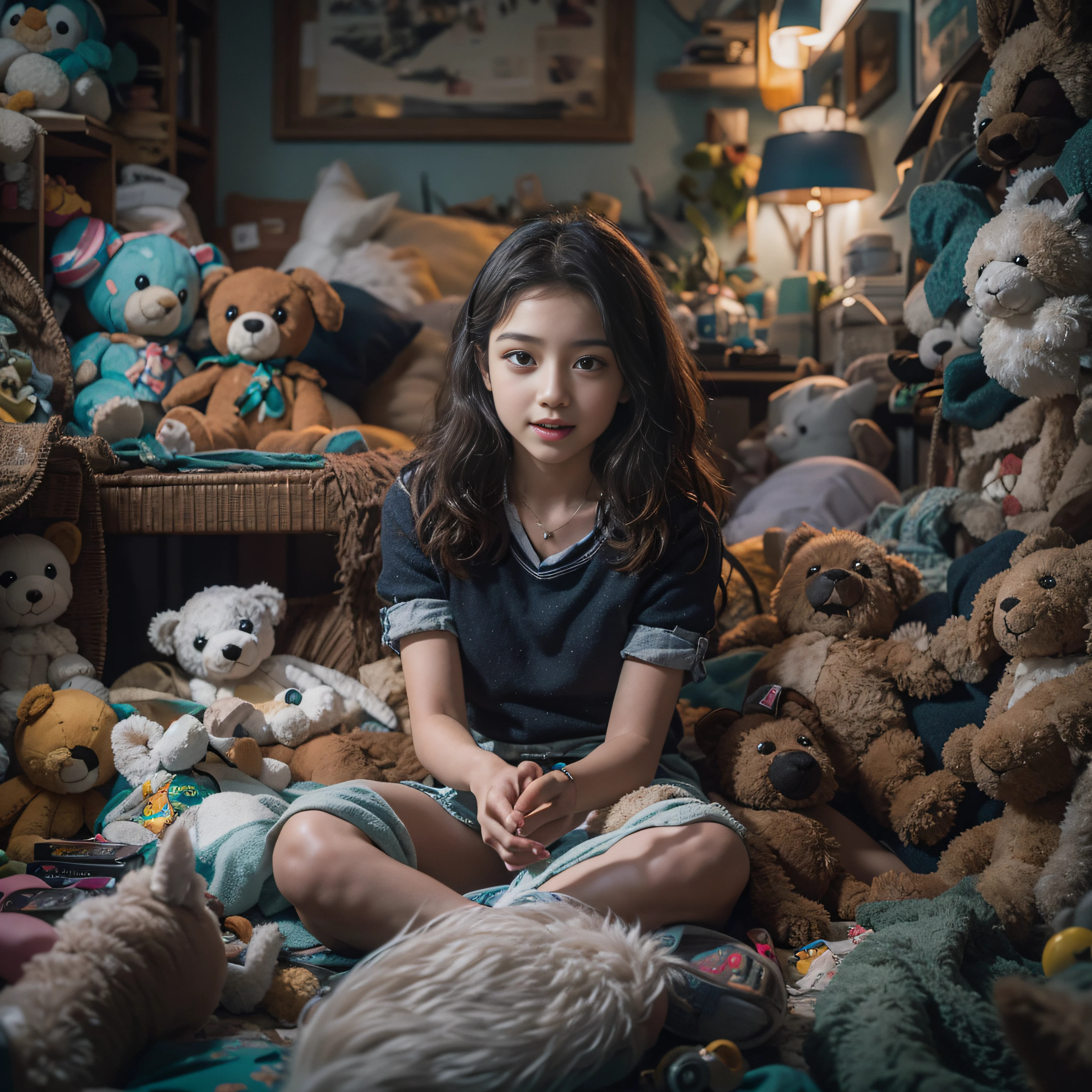 A holds a stuffed animal,Sit in a room full of toys,,cabelos preto e longos,Stay in the sea,cheerfulness,Rejoice,Perfect quality,Clear focus(Clutter - home:0.8), (tmasterpiece:1.2) (realisticlying:1.2) (Bokeh) (best qualtiy) (detailedskin:1.3) (complexdetails) (8K) (detailedeyes) (Sharp focus),(having fun)closeup cleavage