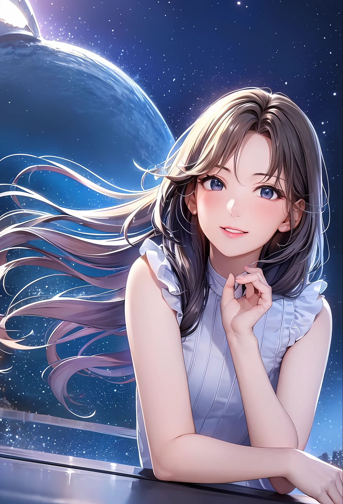 (8k, top quality, masterpiece: 1.2), (realistic, photorealistic: 1.37), super detailed, girl single, cute, solo, midnight, beautiful detailed sky, detailed café, sitting, date, (blush), (smile: 1.15), small breasts (mouth closed), beautiful fine eyes, floating hair NovaFrogStyle, back open dress