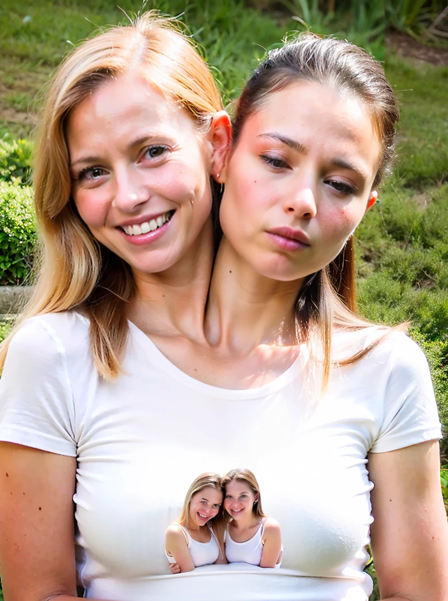 2heads, two headed girl, mom and daughter, (different ages:1.5), (one torso:1.5), (female:1.5), (caucasian:1.5), (two heads attached to one body:1.4), conjoined twins, heads side by side, one torso, young, uncomfortable, barefoot