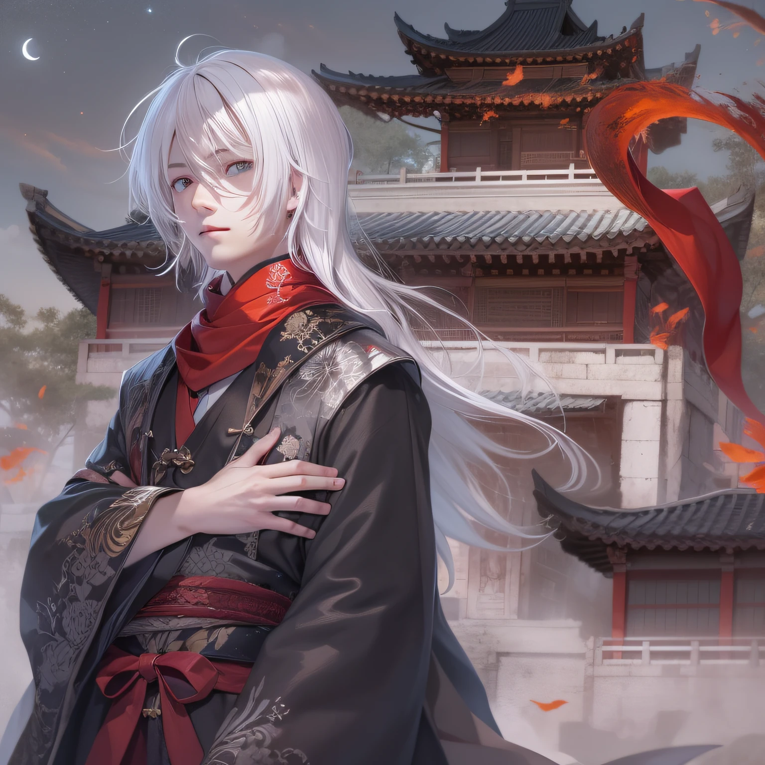 The boy with white hair,short detailed hair,Assassin attire,the night,themoon,starrysky,Chinese Ancient Architecture,the roof,The red scarf flutters,电影灯光
