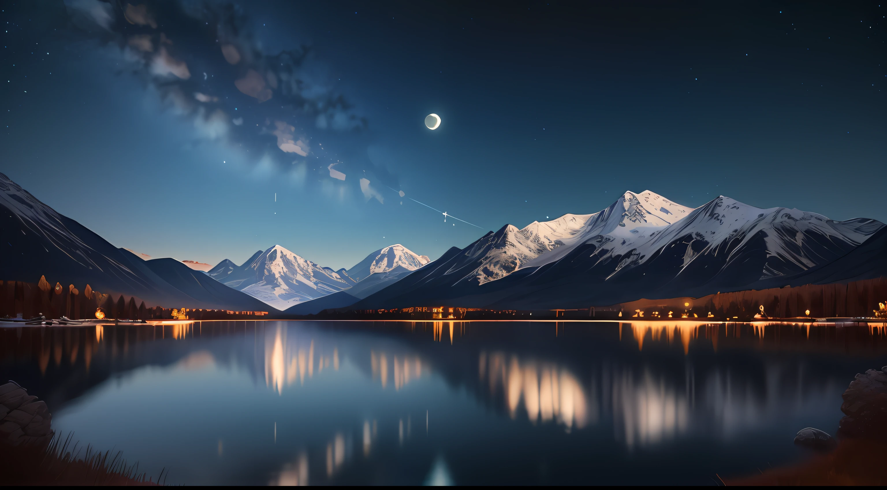 Very starry night. A giant moon behind the mountains. A tranquil lake reflecting the night. Realistic scene, detailed, photorealism, 8k