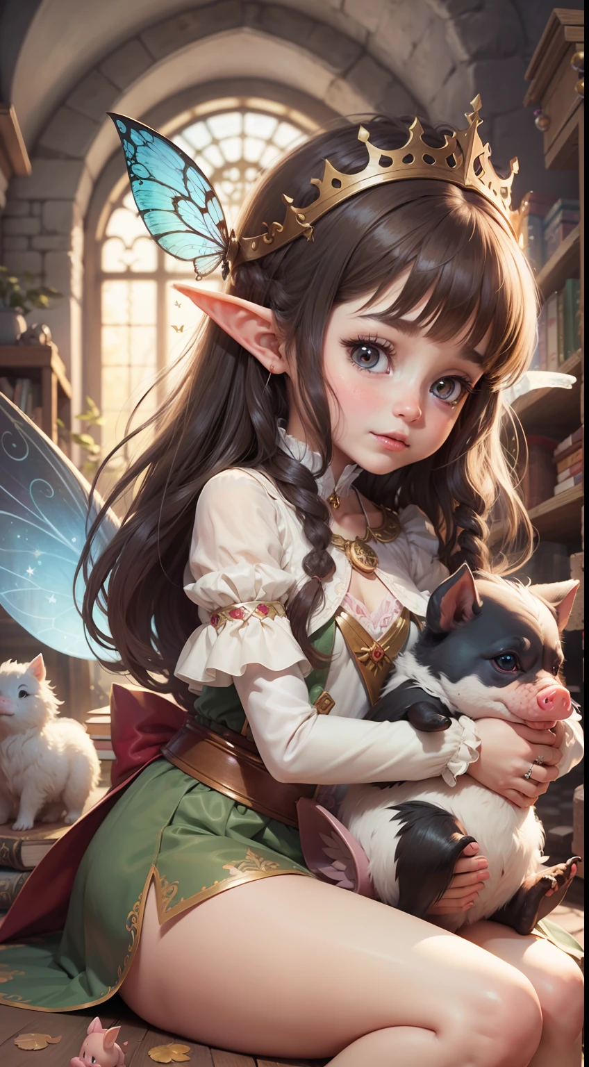 Fairy tale picture book,Cute princess and her little animals,piggy,the elf,Transparent wings,Dreamy,high qulity,16K resolution,(best qualtiy),(tmasterpiece),super-fine,Detailed pubic hair,Accurate