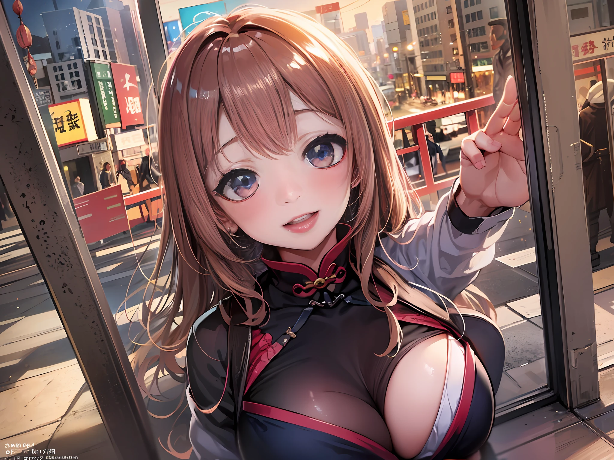 1girl in, breastsout, Arms raised,  cleavage of the breast, Brown-eyed, (1 girl in), 独奏, (8K, RAW Photos, top-quality, ​masterpiece:1.2), (exquisitedetails), Ultras_Color, (realisitic), The ultra-detailliert, (real looking skin), (Beautiful_Detailed_light), lensflare, Ultras_Color, (Shining_Particle), (Bright_Dust_Particle), Professional Writing, photon maping, hight resolution, ighly detailed, cinematlic lighting, (beautiful tbig eyes), cute  face, red blush, [:(more face:1.2):0.2]、shinny eyes、(pureerosface_v1:0.2)、(ulzzang-6500:0.8)、(lofty nose)、(Thin)、Black skin、(Cute_Belly:1.2)、(cleavage of the breast:1.5)、nice hand、perfect hand、((Zonzi Cover、grabbing on breasts、landscapes、boulders、countryside)))、(Colossal tits:1.2)、Look at viewers、Dynamic Poses、Neon light、glowing particles、Steamed body、(shinny skin)、(A smile:1.1)、red blush、(top-quality、8K、​masterpiece、nffsw:1.2)、Photo of Pretty Japanese school girl, swim wears, (realisitic, Photorealsitic:1.37), (​masterpiece), (top-quality:1.4), (超A high resolution:1.2),(Raw photography:1.2), (foco nítido:1.3), (Face Focus:1.2), vibrant detail, hyper realisitic, (elegent), (full body Esbian:1.3),Pretty japanese woman,Slimed,a slender waist,Medium Hair,(wearing detailed cheongsam:1.5), (25-years old:1.1), (Happy smiling face:1.35),BREAK, ((Chinatown at beautiful night background)),landscapes、bangss、Beautiful eyes、makeup、see the beholder、(kawaii)、(Soft lighting)、finely detail、