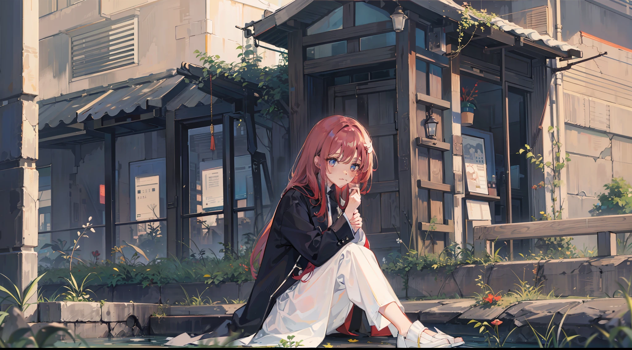 Alafed woman in white shirt and black pants and coat, simple style, casual clothing style, outfit photograph, dressed with long fluent clothes, Long coat, wearing a long coat, Full body!!, Simple clothes, Asymmetry!!, ootd, Styling, ( ( wearing a long coat ) ), fully body photo, ❤🔥🍄🌪、Ruins、Buildings eroded by vegetation,、Anime girl sitting on the ground in front of a building