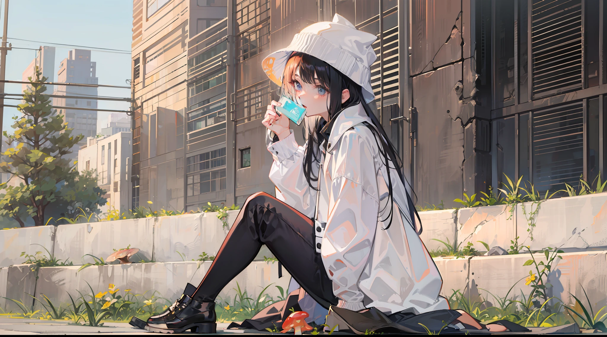 Alafed woman in white shirt and black pants and coat, simple style, casual clothing style, outfit photograph, dressed with long fluent clothes, Long coat, wearing a long coat, Full body!!, Simple clothes, Asymmetry!!, ootd, Styling, ( ( wearing a long coat ) ), fully body photo, ❤🔥🍄🌪、Ruins、Buildings eroded by vegetation,、Anime girl sitting on the ground in front of a building
