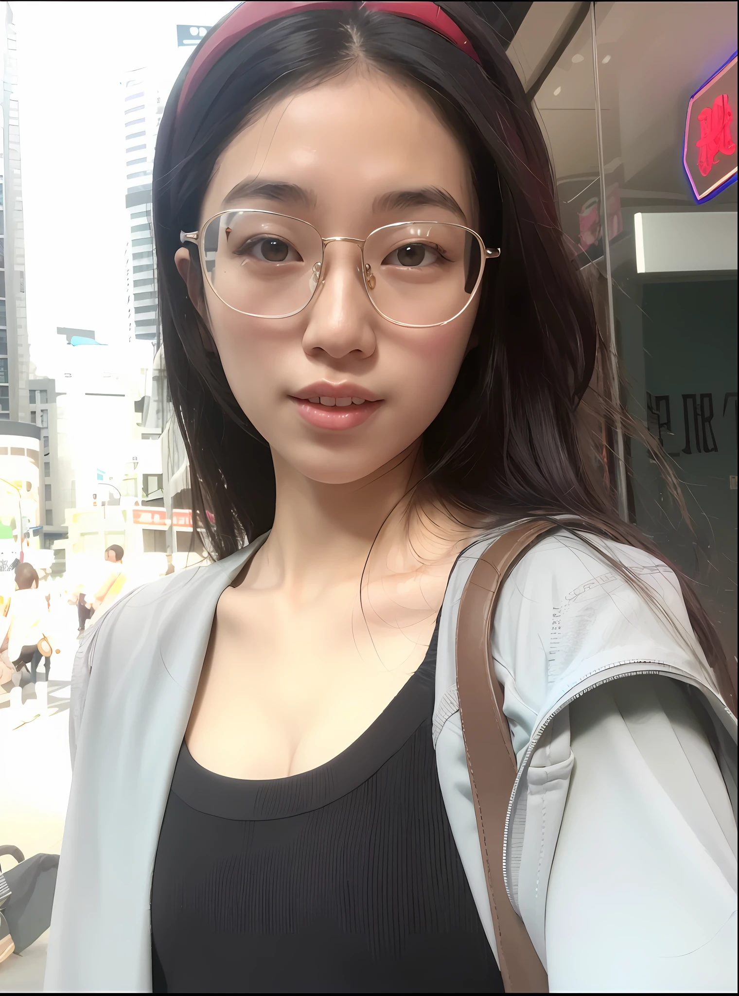 Alafed asian woman taking selfie with glasses and backpack, wearing thin large round glasses, With glasses, wearing small round glasses, eye glass, ulzzangs, with square glasses, 19-year-old girl, Girl with glasses, Clear lips and high quality, wearing black rimmed glasses, wenfei ye
