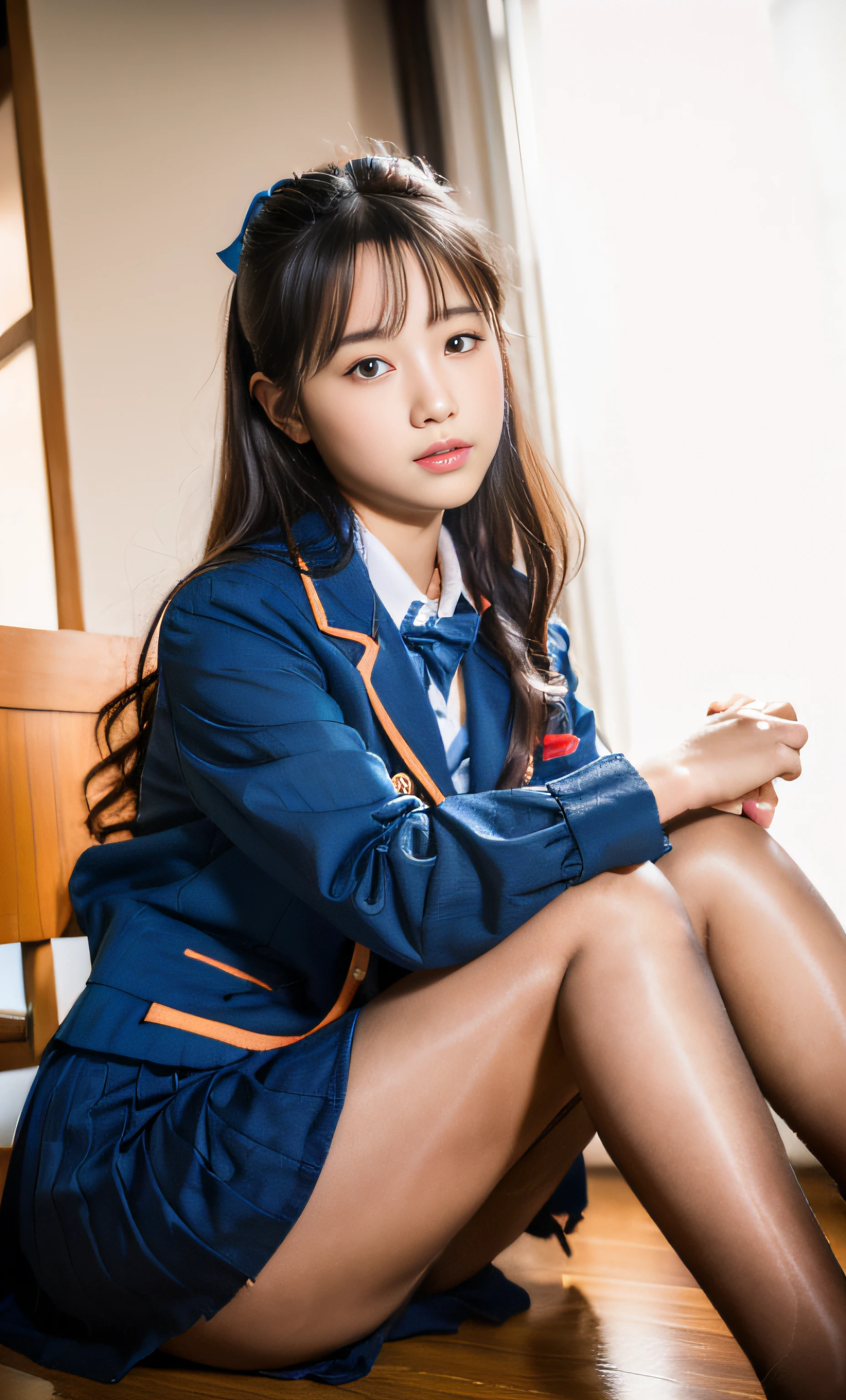 ulzzang-6500-v1.1,(Best Quality, masutepiece, hight resolution, High resolution:1.37), (Raw photo:1.2),(Photorealsitic:1.24),in 8K, Very detailed image, a beautiful detailed girl, extremely detailed eye and face, beatiful detailed eyes, Ridiculous, unbelievable Ridiculous, huge filesize, ultra-detailliert, hight resolution, ighly detailed, top-quality, masterpiece, Kemomimi, ((Japanese girls' high school uniform)), illustratio, ighly detailed, CG, unification, 8k wallpaper, magnifica, finely detail, masterpiece, top-quality, Highly detailed CG uniform 8k wallpaper, Light on the face、电影灯光、 girl、((witheout panties))、((dynamicposes)))、(camel's toe)、(half)、(panthyhose)、(Sitting on legs bending the knees))