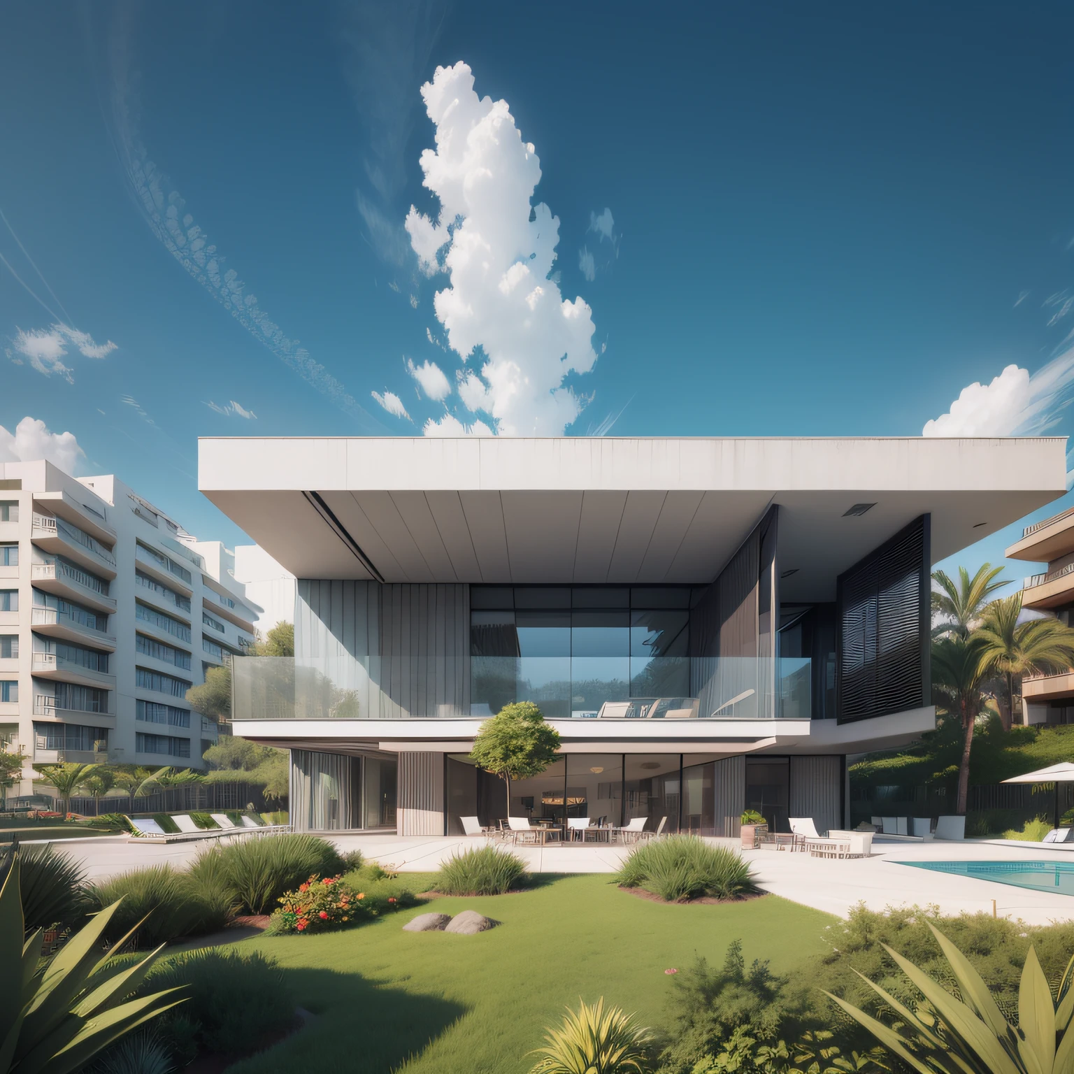 Grande hotel, Arquitetura futurista, building in the background, Architecture of a dark gray concrete building, madeira e vidro, Building with large lawn on the beach, Arquitetura moderna, grande piscina em frente ao hotel, restaurante interior com grandes fachadas em vidro, grandes candeeiros no interior, lots of vegetation around, hotel com 120 quartos, Arquitetura moderna, organic architecture, Geometria luxuosa, hiper-realista, Fantastic 8K architecture, UHD — AR 16: