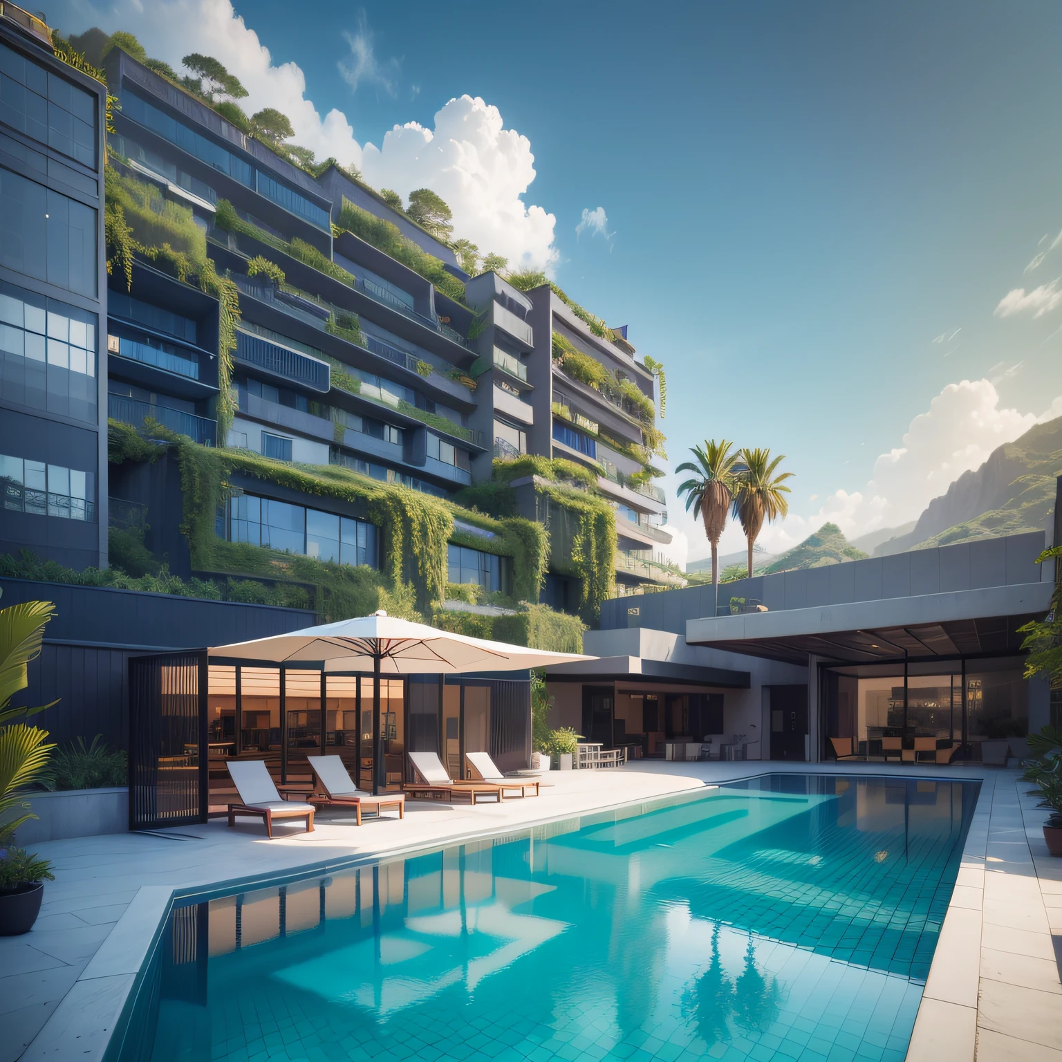 Grande hotel, Arquitetura futurista, building in the background, Architecture of a dark gray concrete building, madeira e vidro, Building with large lawn on the beach, Arquitetura moderna, grande piscina em frente ao hotel, restaurante interior com grandes fachadas em vidro, grandes candeeiros no interior, lots of vegetation around, hotel  com 120 quartos, Arquitetura moderna, organic architecture, Geometria luxuosa, hiper-realista, Fantastic 8K architecture, UHD — AR 16: