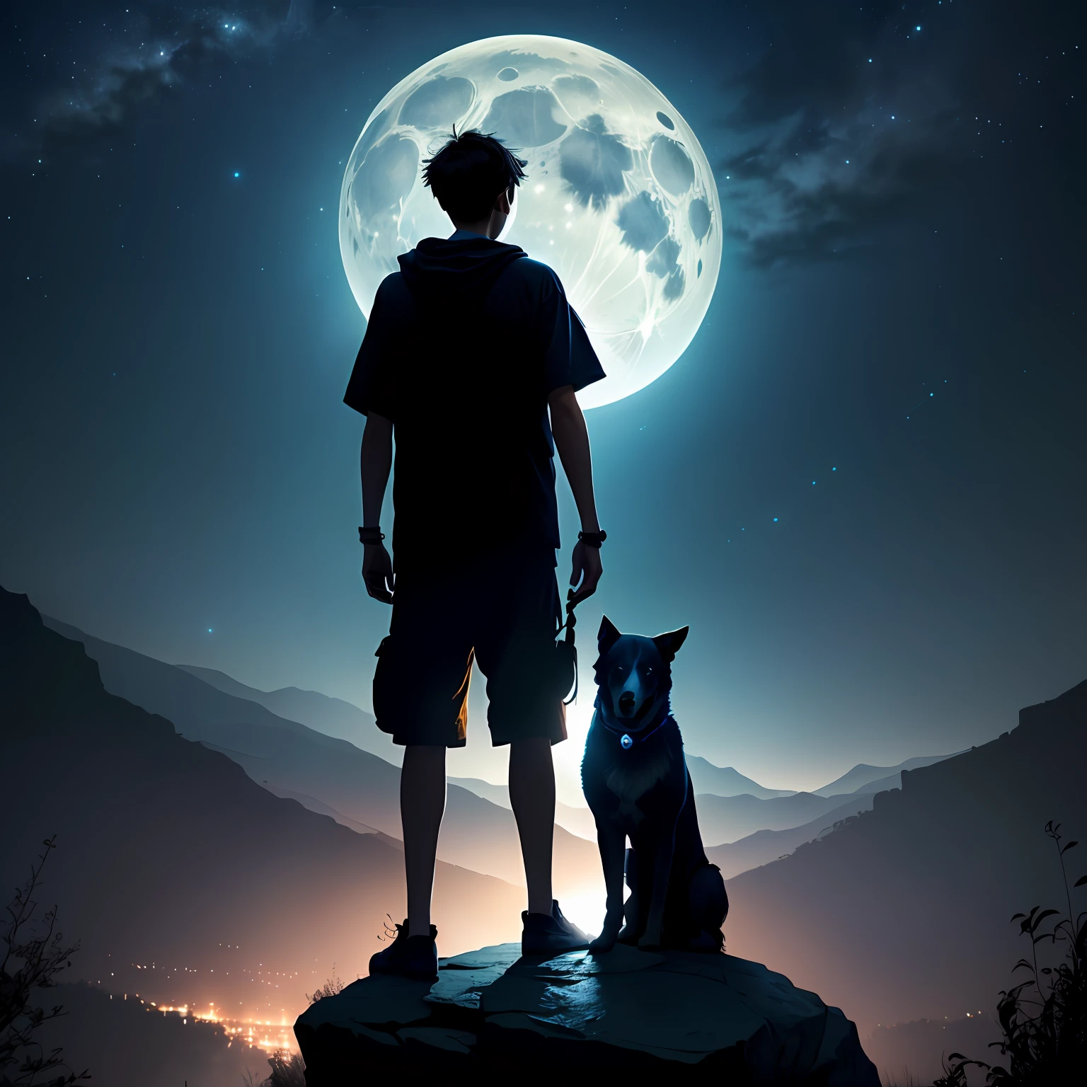 teenage boy and his dog, standing on an ancient rock, perfect body, dark cinematic, beautiful face ,night, dark night, blue moon, ultra high quality, fireflies, magical, mysterious, full blue moon, photo realistic, silhouette, ultra hd, fireflies in the background, no lights