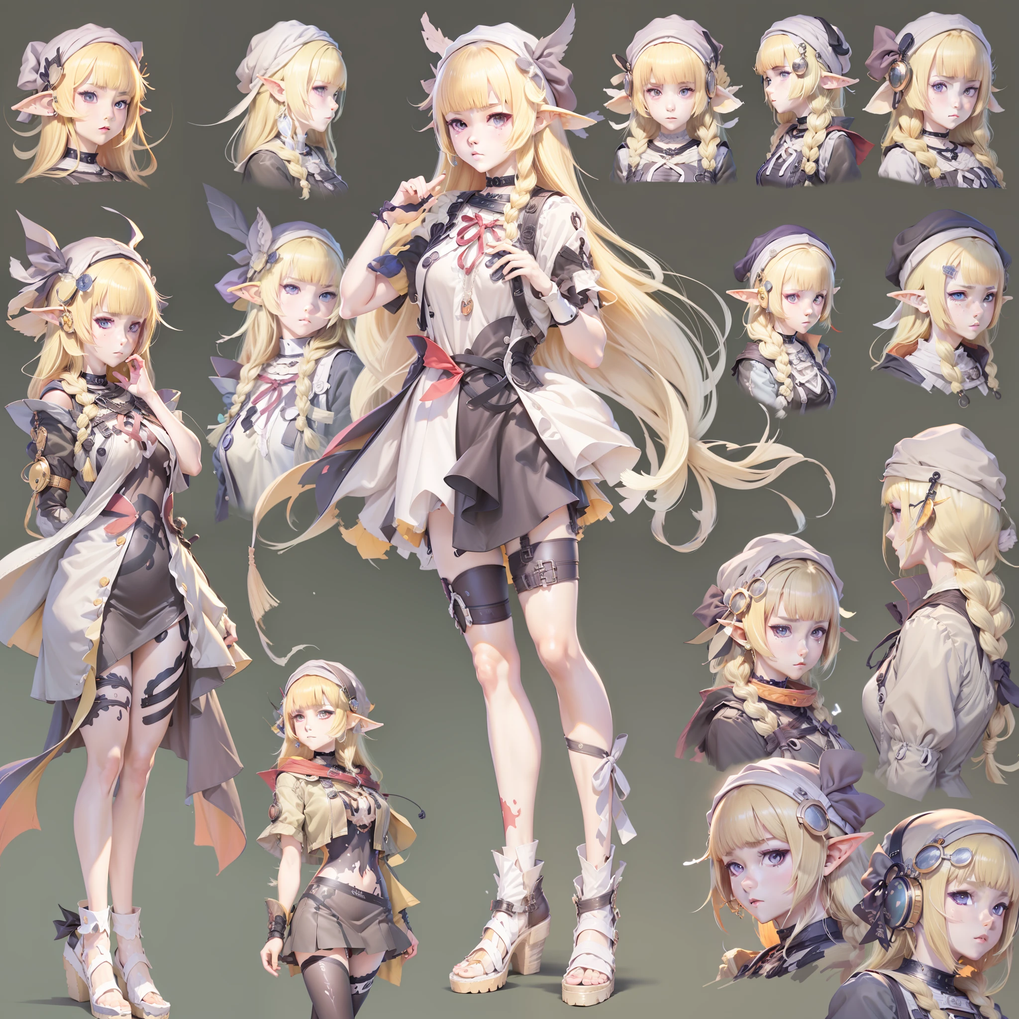 anime figure，With various pictures, Character artwork, ( ( concept art of character ) ), detailed anime character art, beautiful full-body concept art, official character art, shadowverse character concept, character profile art, official character illustration, full character concept art, detailed character art，schoolgirls，clothing design，Character setting，Three View，Kizi，morden style，Functional wind，vtuber，Complete the whole body，Standing painting，oc，elvish ears，Light blonde hair color