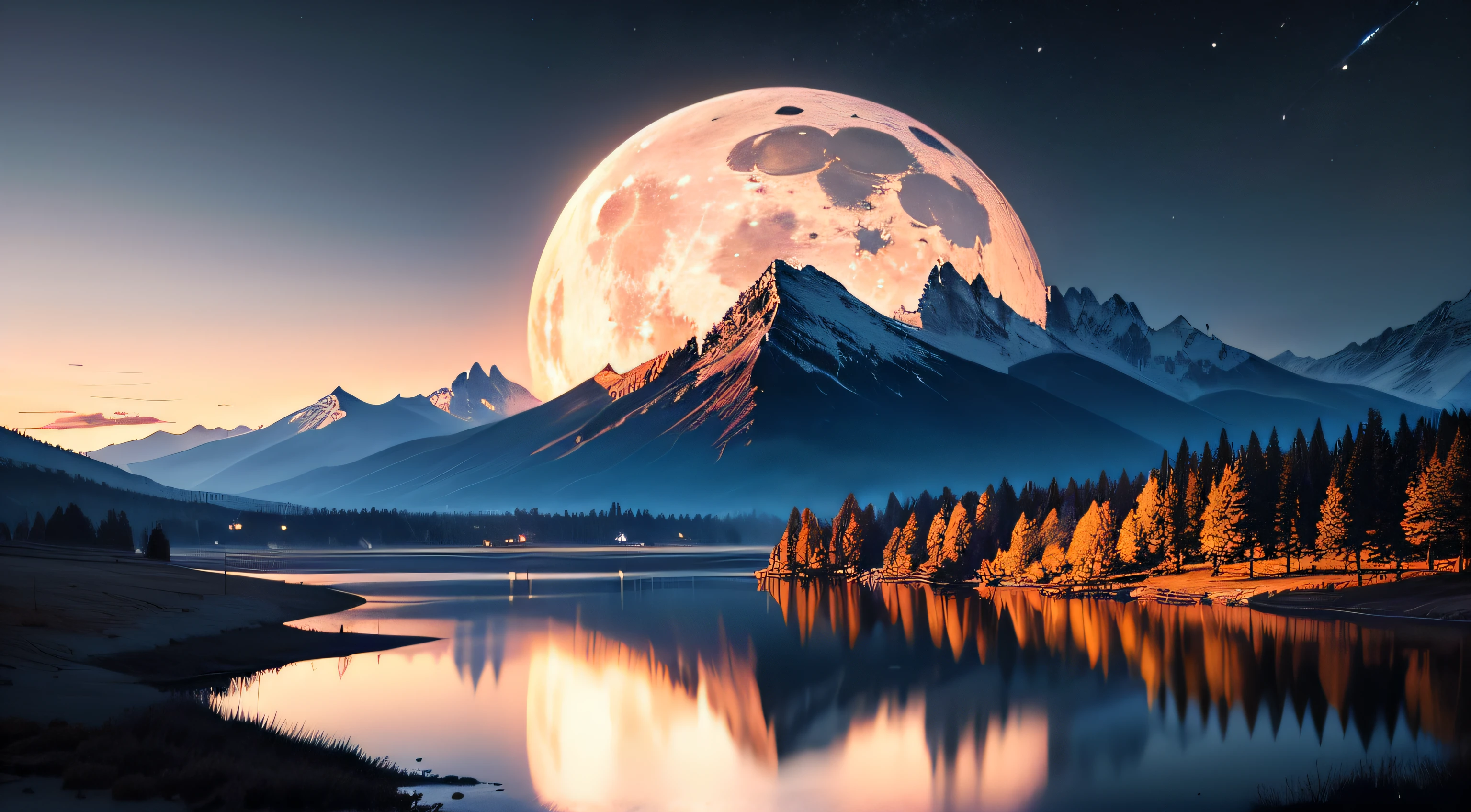 Very starry night. A giant moon behind the mountains. A tranquil lake reflecting the night. Realistic scene, detailed, photorealism, 8k --auto