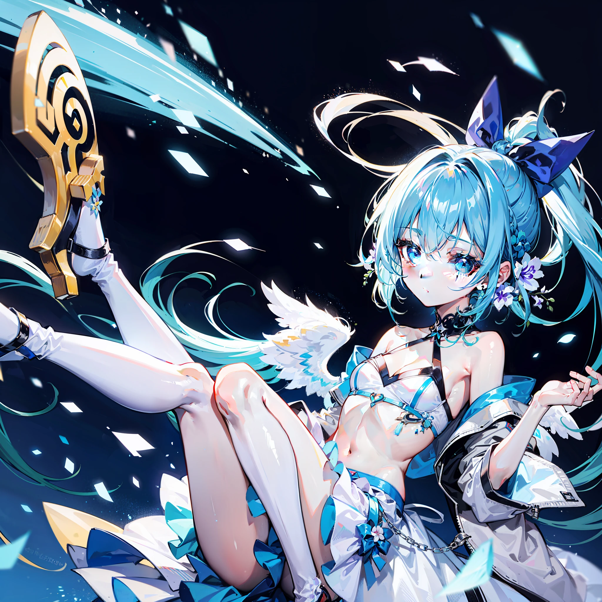 Campus background,,lightblue hair,She wears a long ponytail,an orchid flower,Light blue 10cm heels,Light blue bow,White top,cropped shoulders,Short light blue skirt,light blue hair,Light eyes,white clothes,thin very long legs,Angel white wings,Cute and sweet,Rejoice,full bodyesbian,high high quality