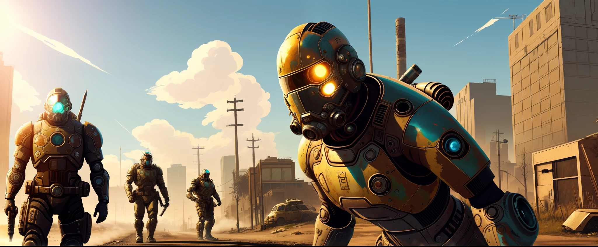 Top-notch art style,cyborgs,Year 2027,Fallout-5,(Street:1.1),(Sunny day:1.1)