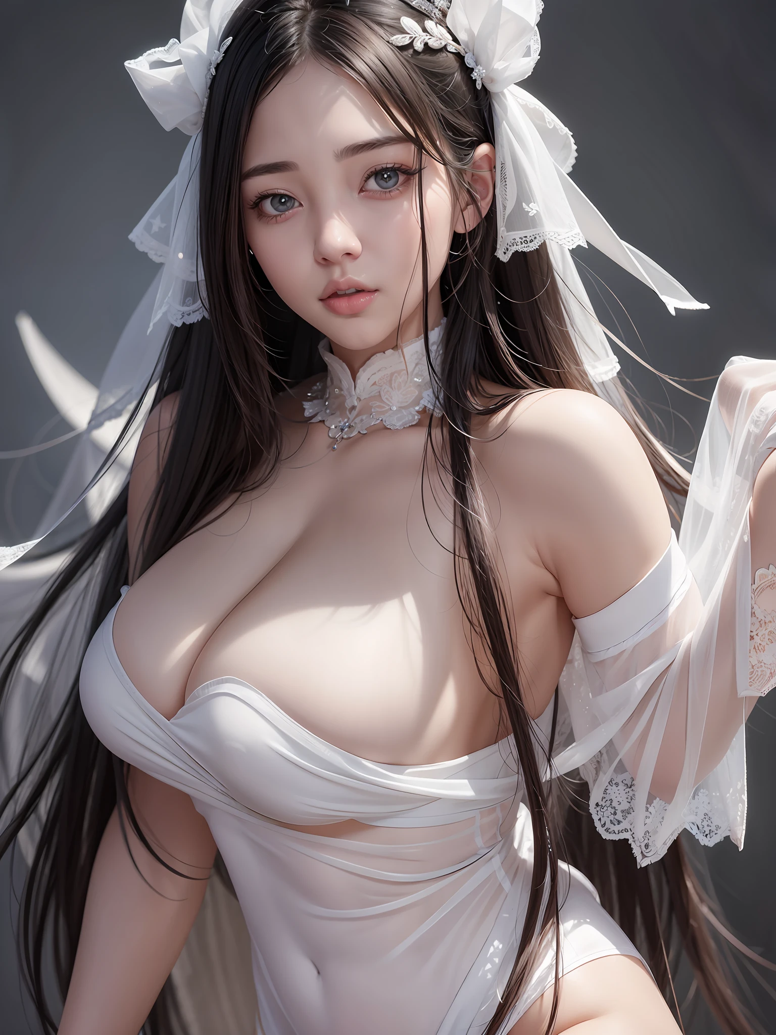 a close up of a woman in a white dress with a veil, Guviz-style artwork, Guviz, guweiz masterpiece, trending on cgstation, Japanese goddess, pale milky white porcelain skin, Guweiz on ArtStation Pixiv, Guweiz in Pixiv ArtStation, Smooth translucent white skin, wlop glossy skin,anatomically correct, textured skin, ccurate, super detail