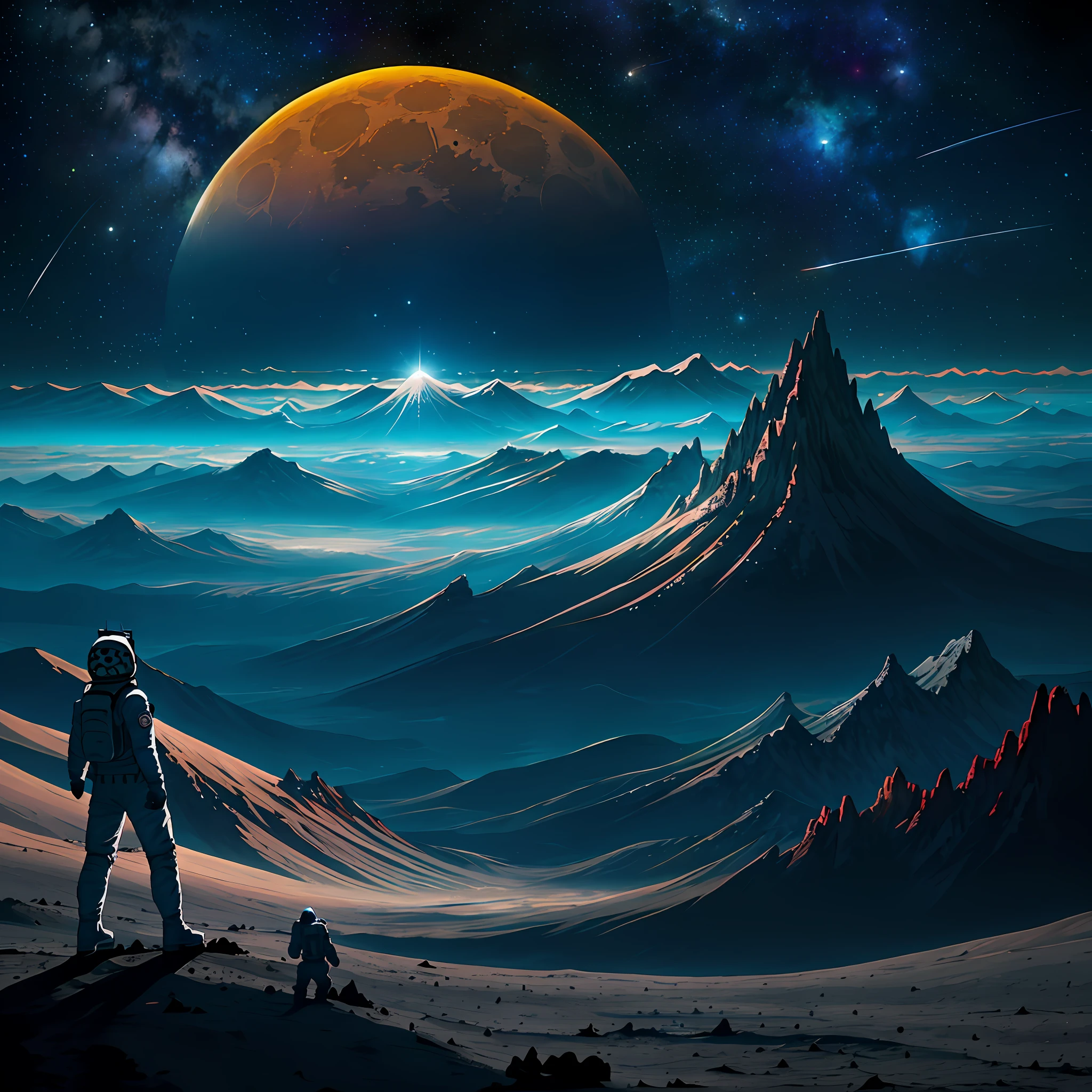 Uma paisagem lunar surreal, com crateras profundas, jagged mountains and astronauts exploring the surface as the Earth rises into the starry sky.